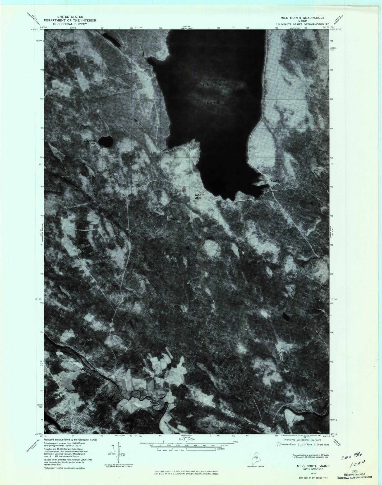 Classic USGS Milo North Maine 7.5'x7.5' Topo Map Image