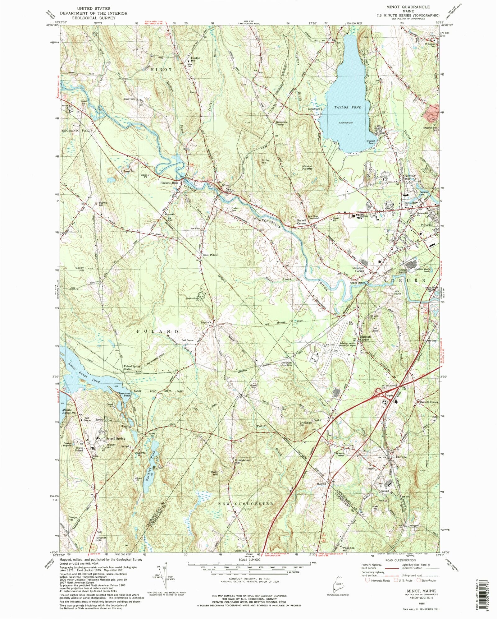 Classic USGS Minot Maine 7.5'x7.5' Topo Map MyTopo Map Store