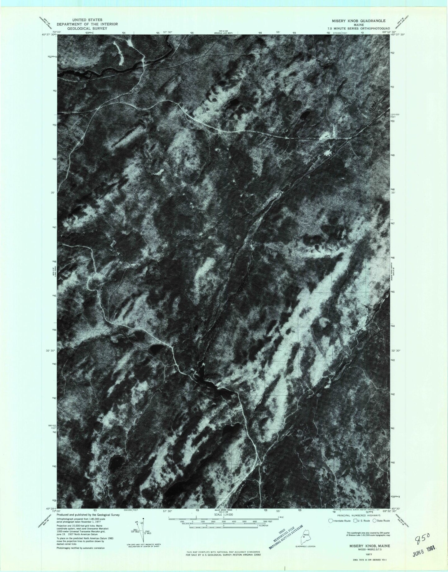 Classic USGS Misery Knob Maine 7.5'x7.5' Topo Map Image