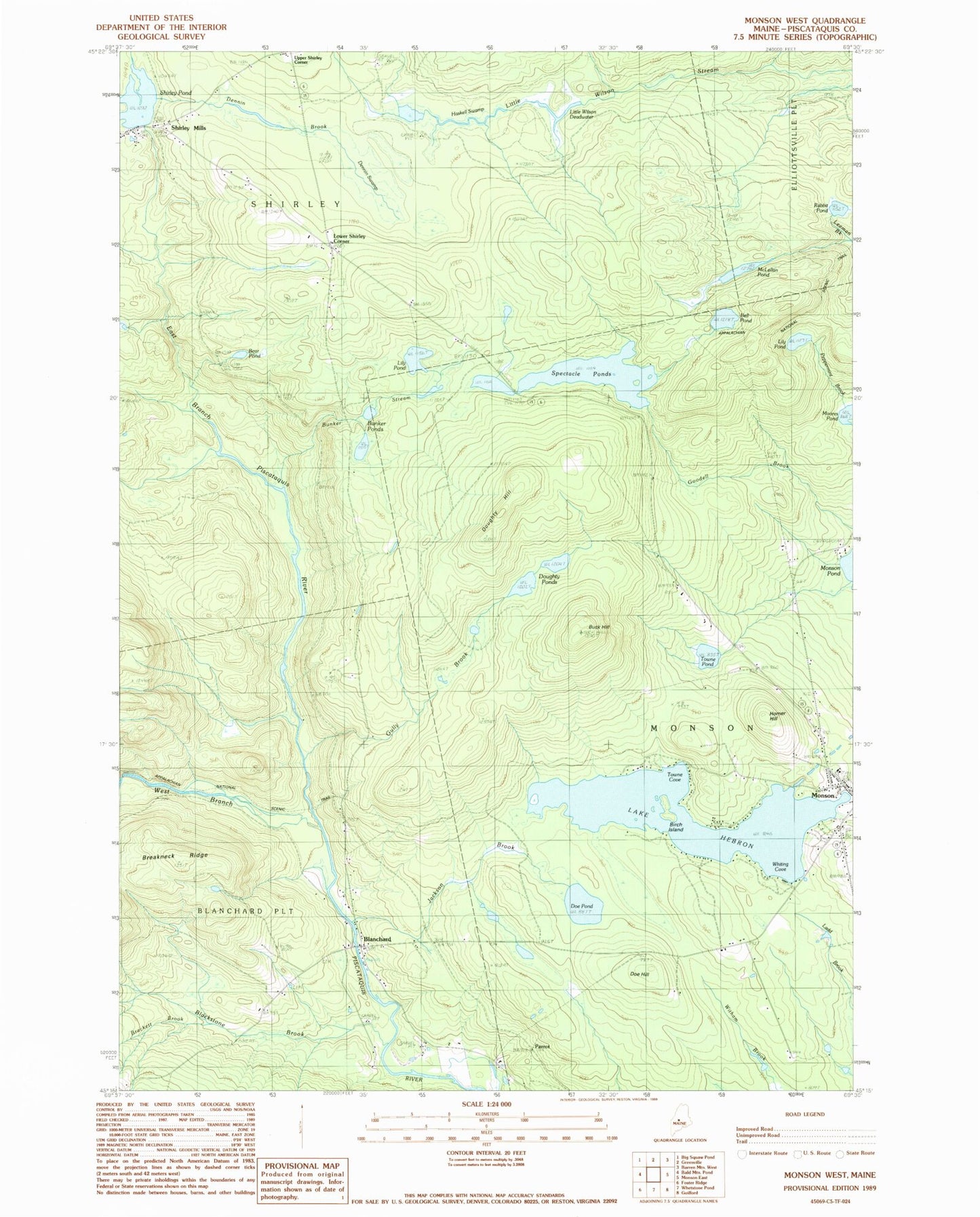 Classic USGS Monson West Maine 7.5'x7.5' Topo Map Image