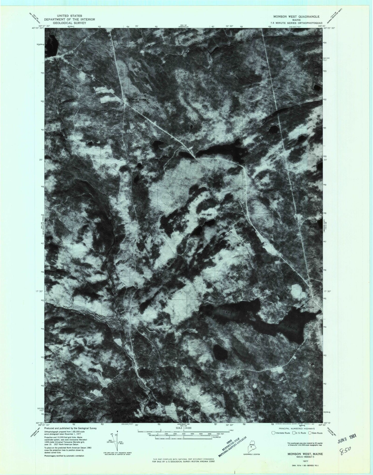 Classic USGS Monson West Maine 7.5'x7.5' Topo Map Image