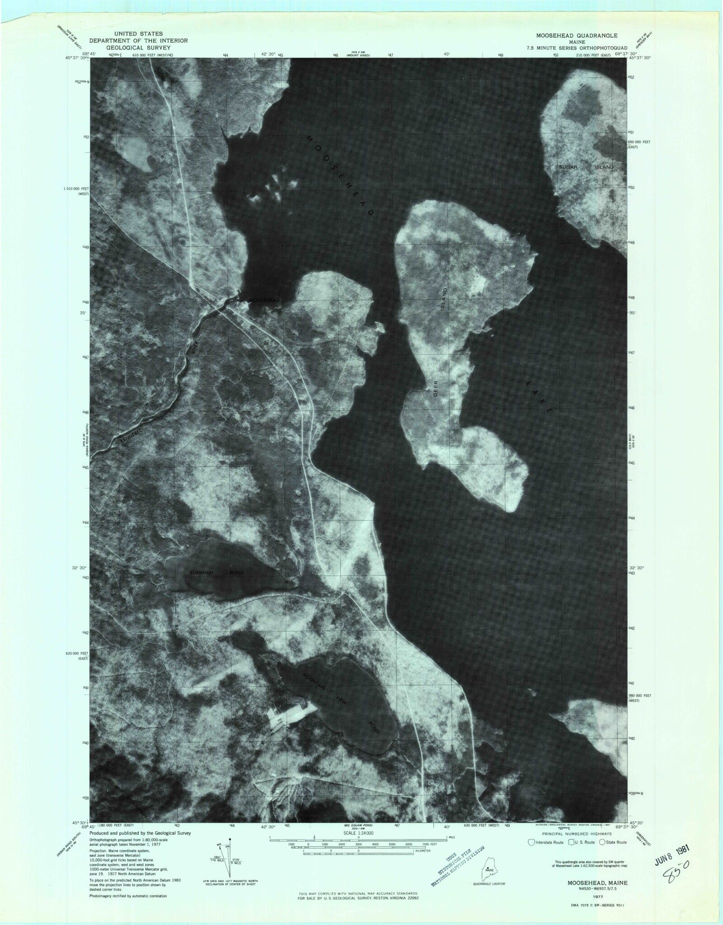 Classic USGS Moosehead Maine 7.5'x7.5' Topo Map Image