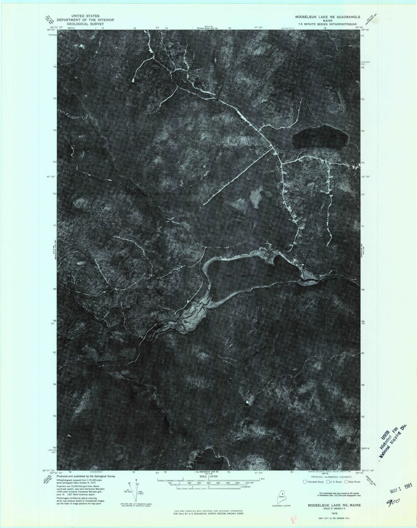 Classic USGS Big Machias Lake Maine 7.5'x7.5' Topo Map Image