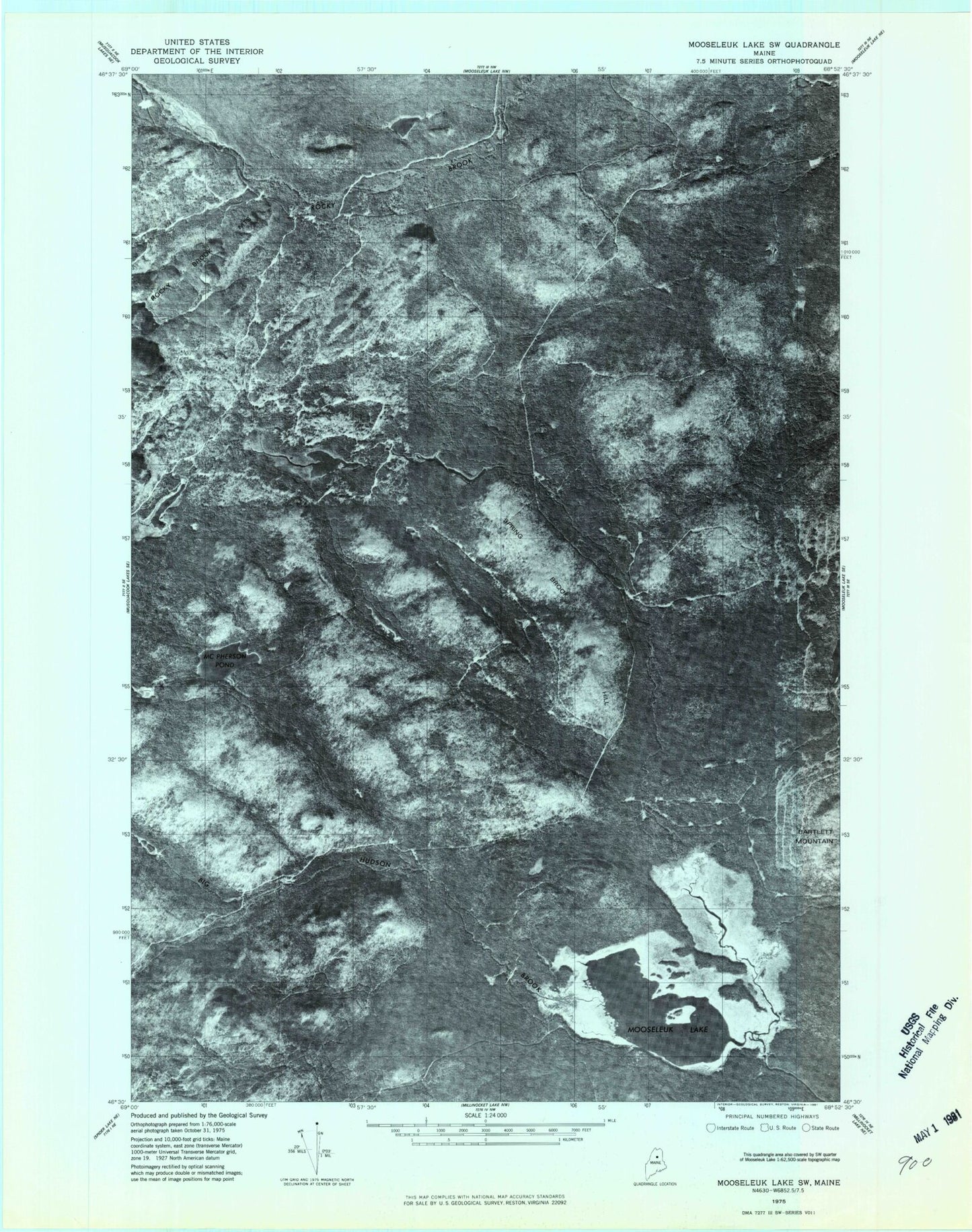 Classic USGS Mooseleuk Lake Maine 7.5'x7.5' Topo Map Image