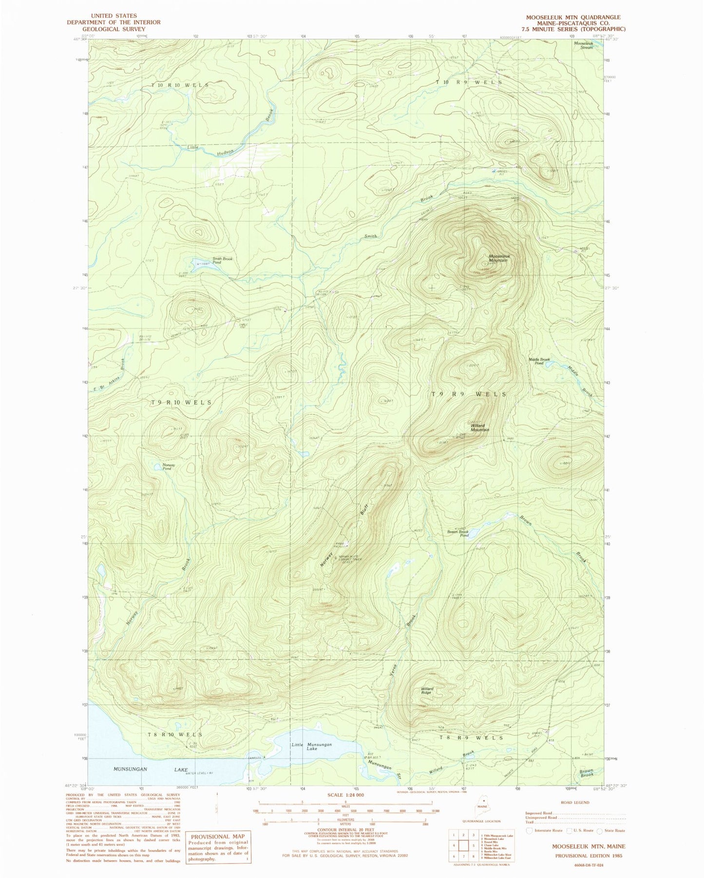 Classic USGS Mooseleuk Mountain Maine 7.5'x7.5' Topo Map Image