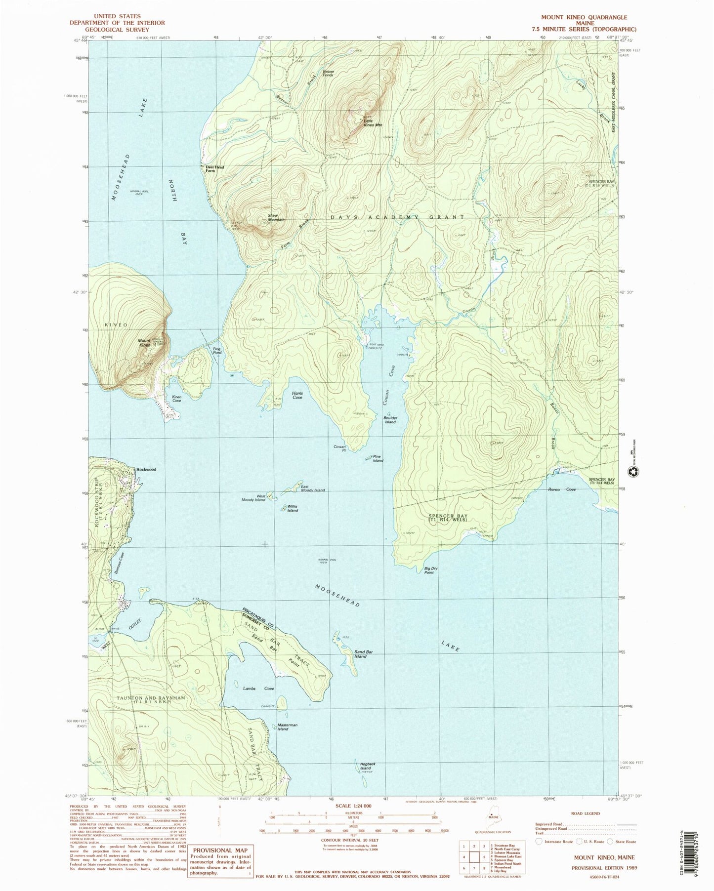 Classic USGS Mount Kineo Maine 7.5'x7.5' Topo Map Image