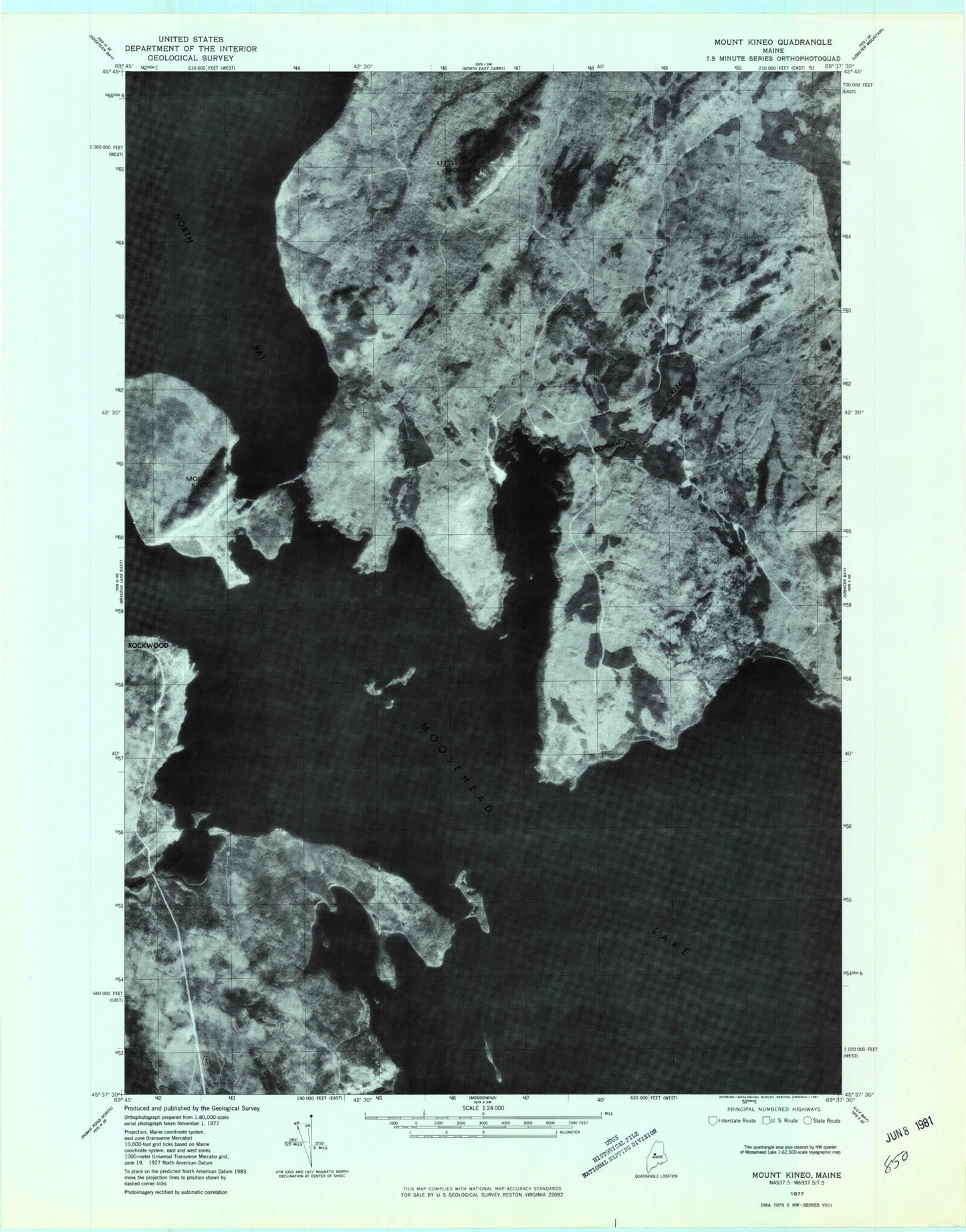 Classic USGS Mount Kineo Maine 7.5'x7.5' Topo Map Image