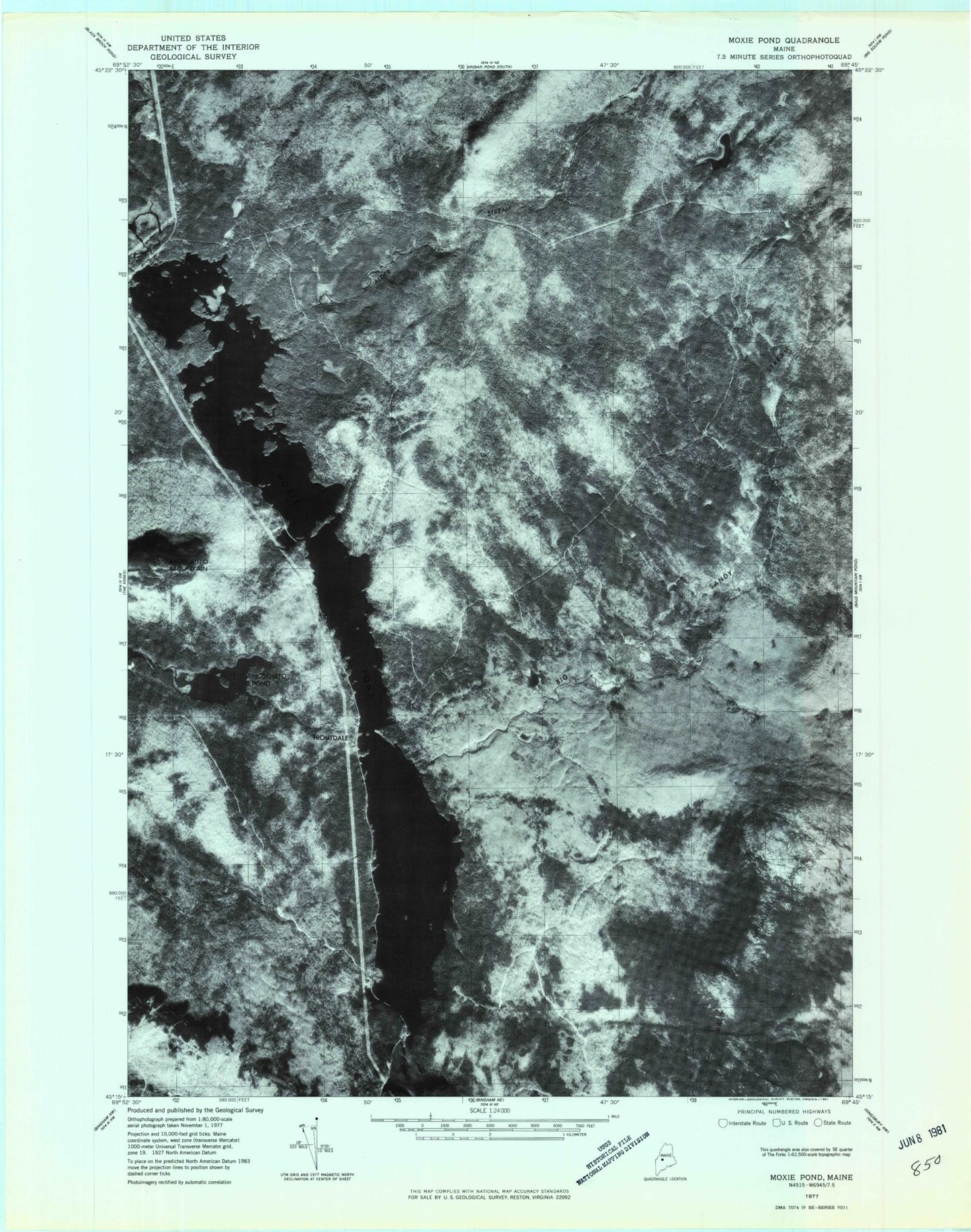 Classic USGS Moxie Pond Maine 7.5'x7.5' Topo Map Image