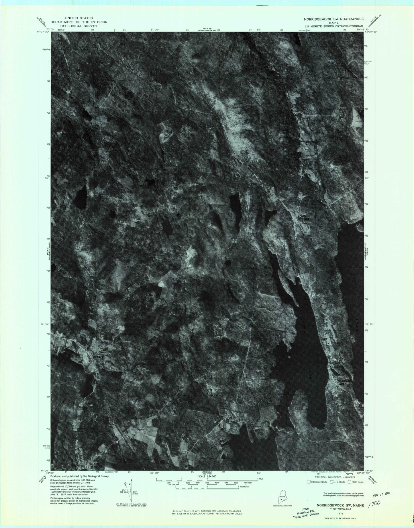 Classic USGS Belgrade Lakes Maine 7.5'x7.5' Topo Map Image
