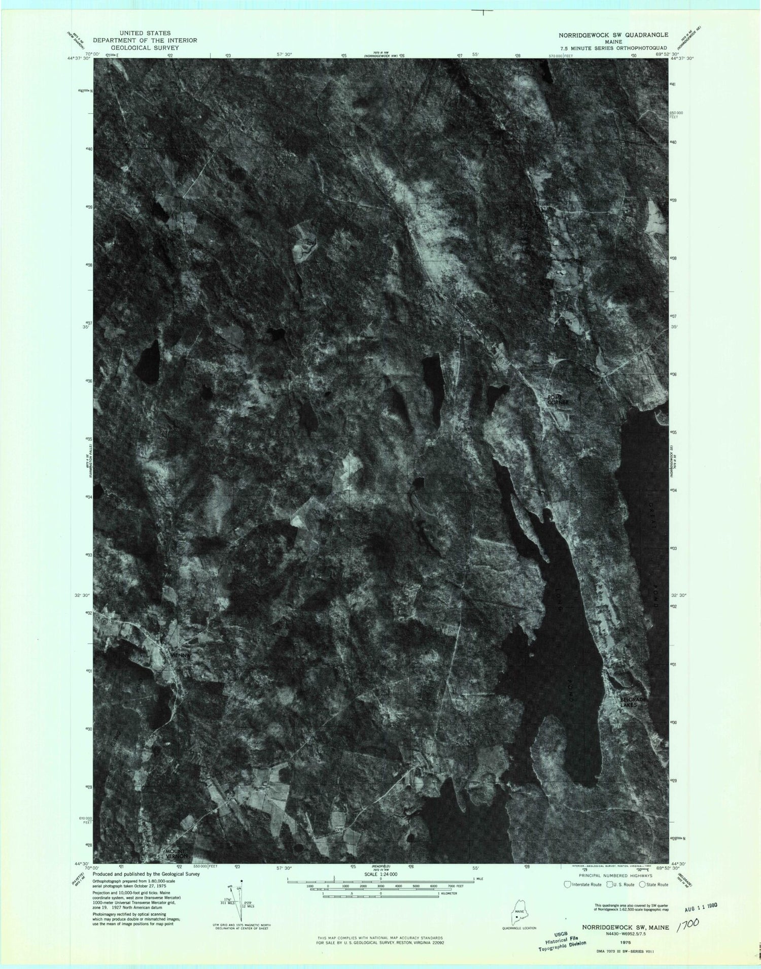Classic USGS Belgrade Lakes Maine 7.5'x7.5' Topo Map Image
