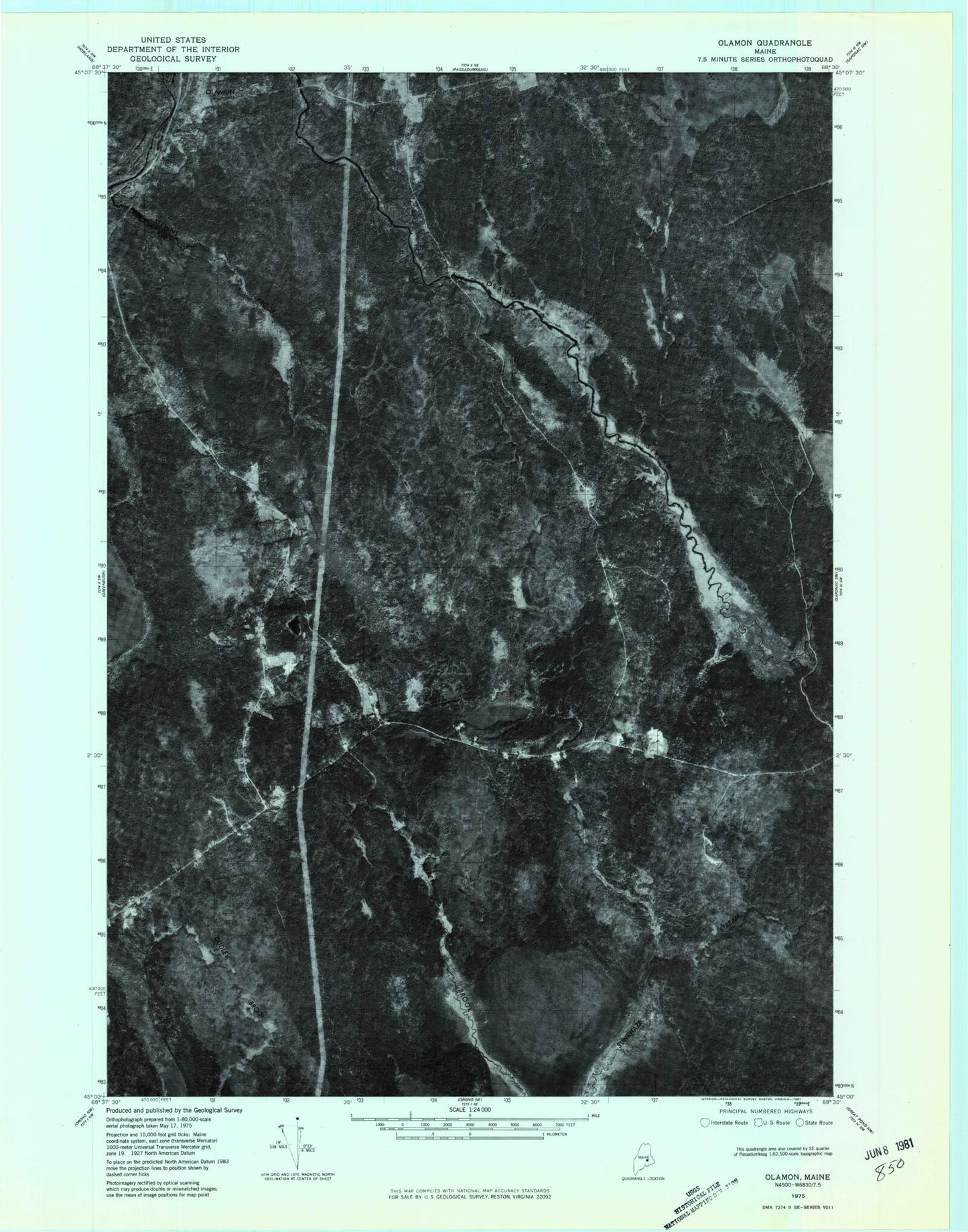 Classic USGS Olamon Maine 7.5'x7.5' Topo Map Image