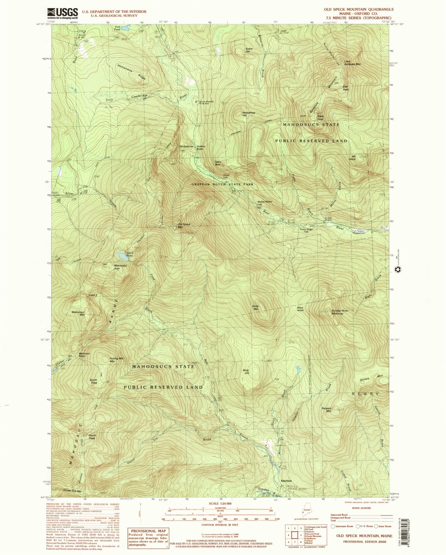 Classic USGS Old Speck Mountain Maine 7.5'x7.5' Topo Map Image