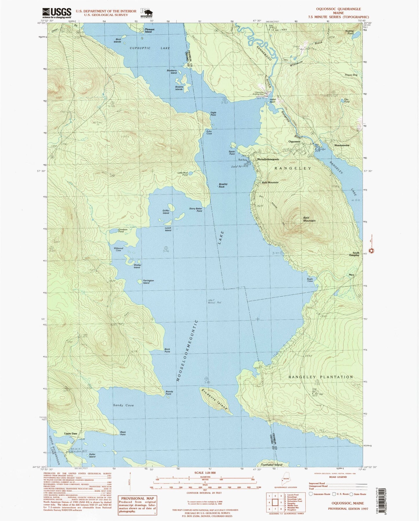 Classic USGS Oquossoc Maine 7.5'x7.5' Topo Map Image