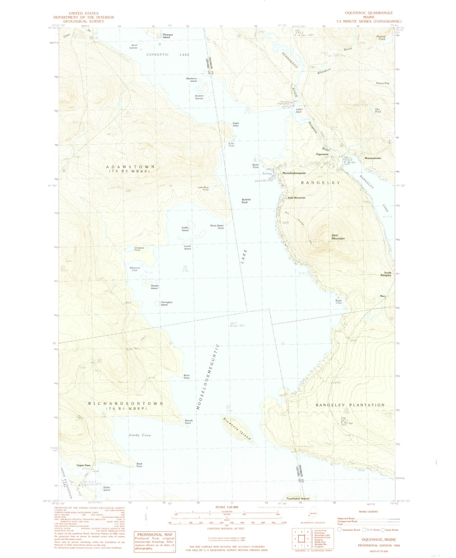 Classic USGS Oquossoc Maine 7.5'x7.5' Topo Map Image