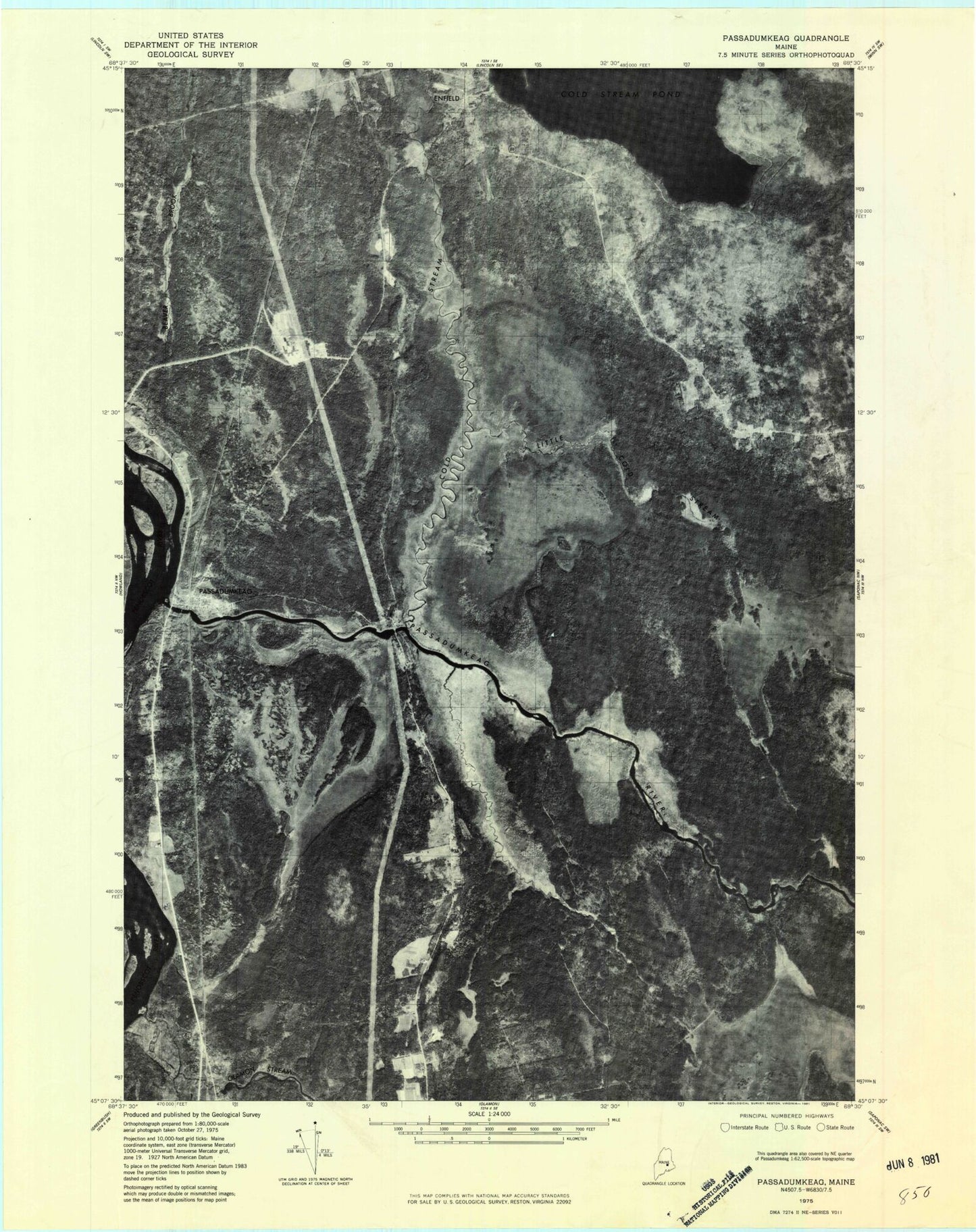 Classic USGS Passadumkeag Maine 7.5'x7.5' Topo Map Image