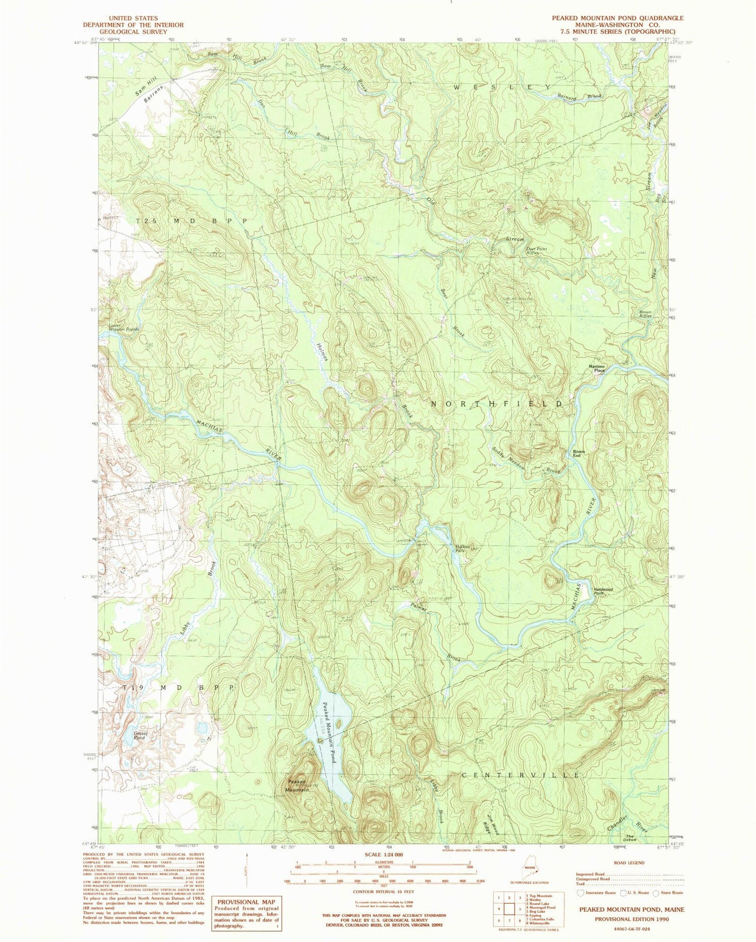 Classic USGS Peaked Mountain Pond Maine 7.5'x7.5' Topo Map Image