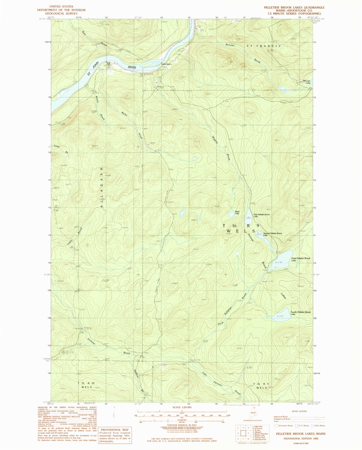 Classic USGS Pelletier Brook Lakes Maine 7.5'x7.5' Topo Map Image