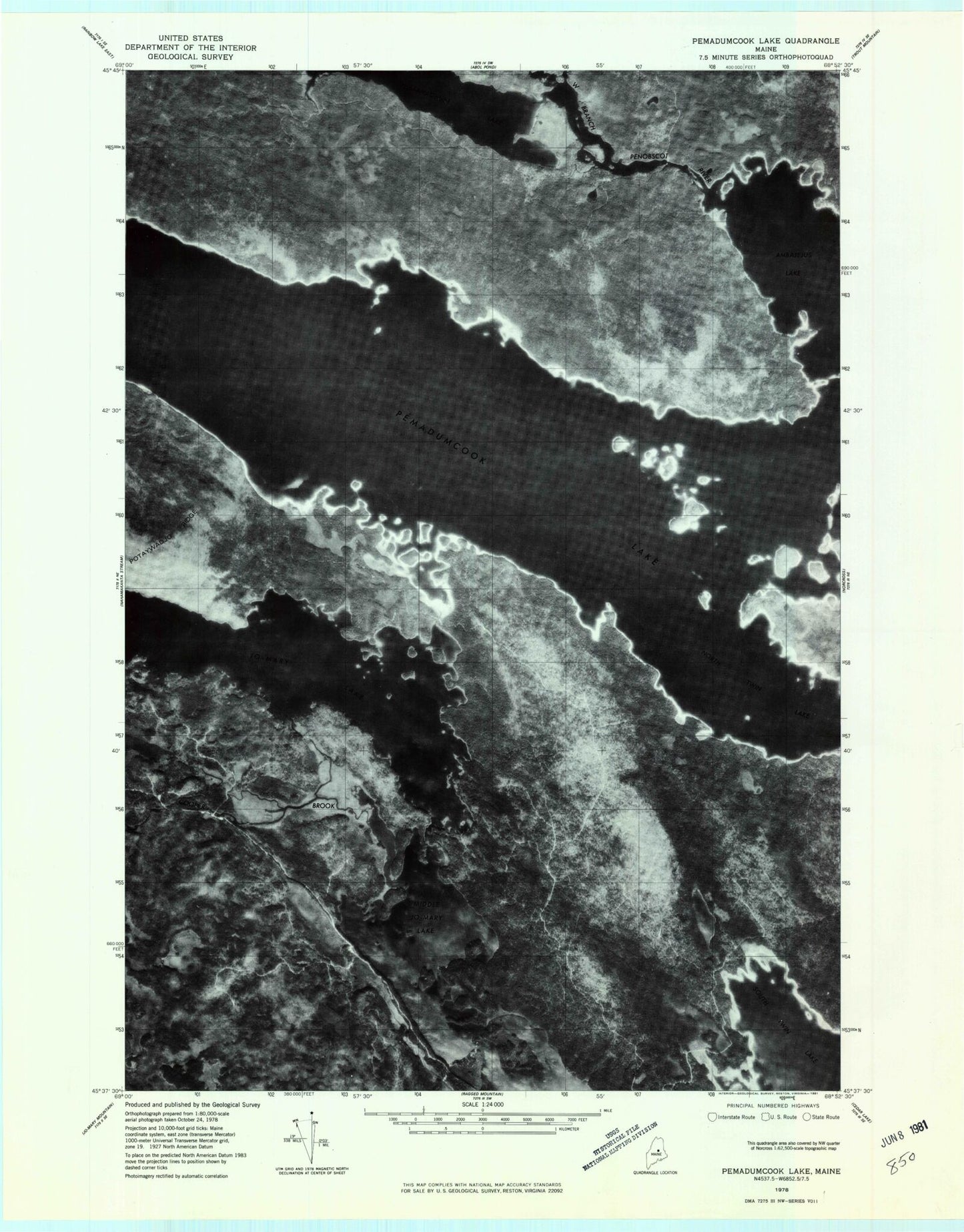 Classic USGS Pemadumcook Lake Maine 7.5'x7.5' Topo Map Image