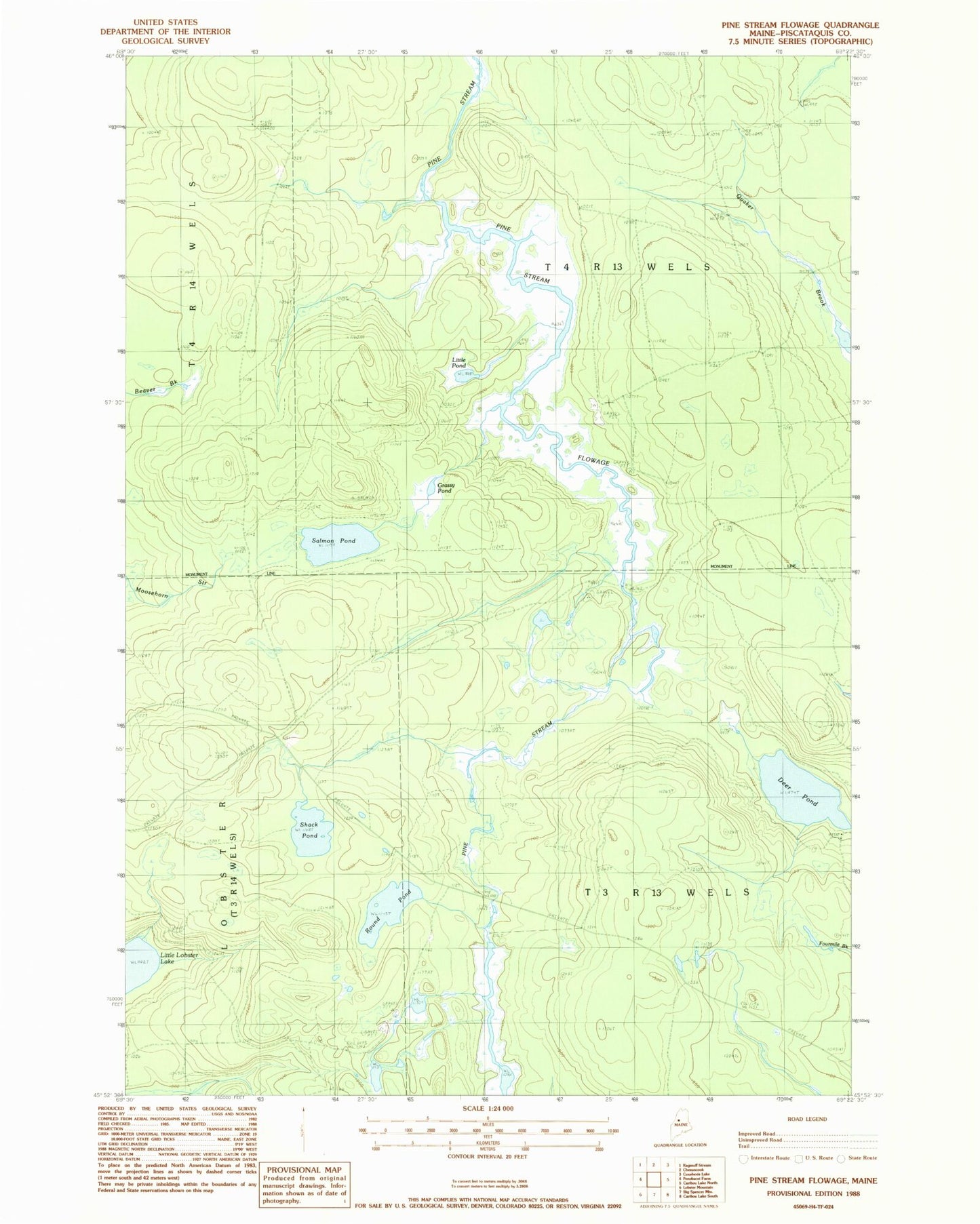 Classic USGS Pine Stream Flowage Maine 7.5'x7.5' Topo Map Image