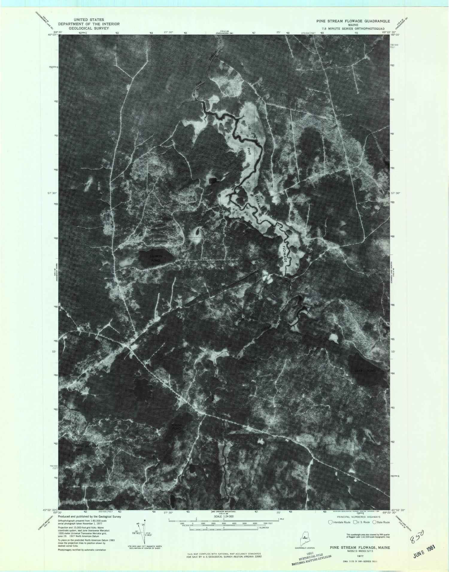 Classic USGS Pine Stream Flowage Maine 7.5'x7.5' Topo Map Image