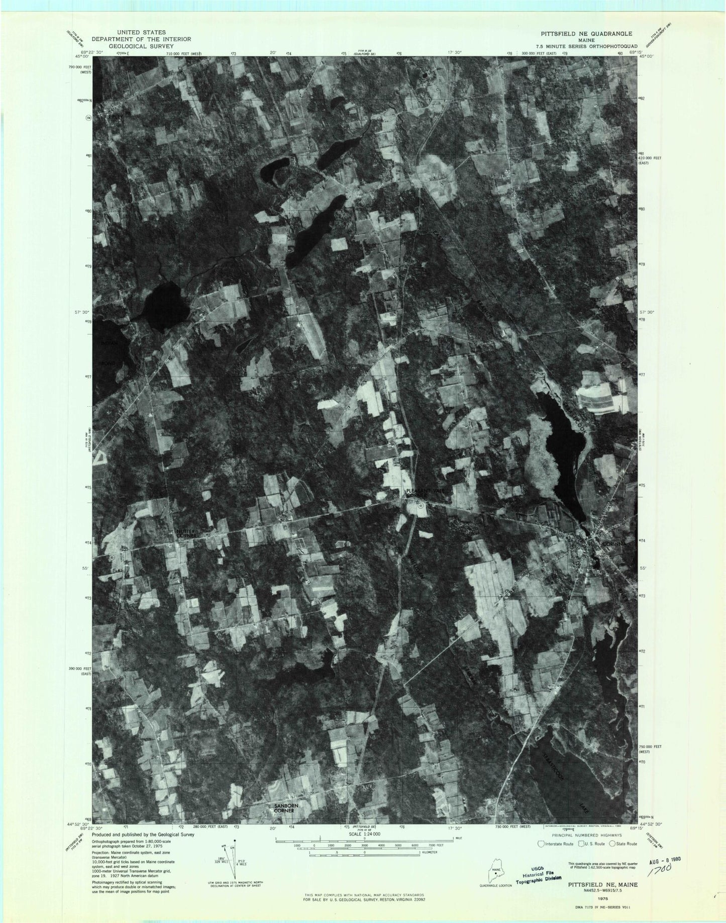 Classic USGS Corinna Maine 7.5'x7.5' Topo Map Image