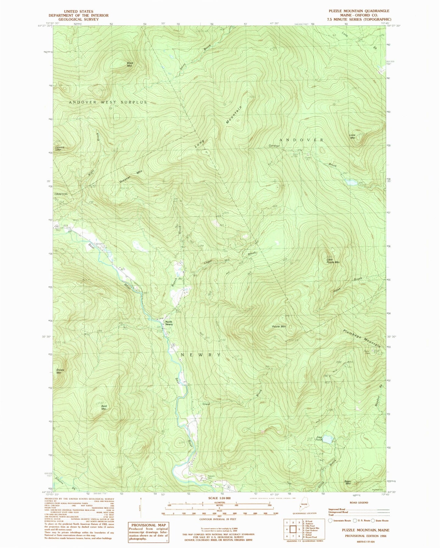 Classic USGS Puzzle Mountain Maine 7.5'x7.5' Topo Map Image