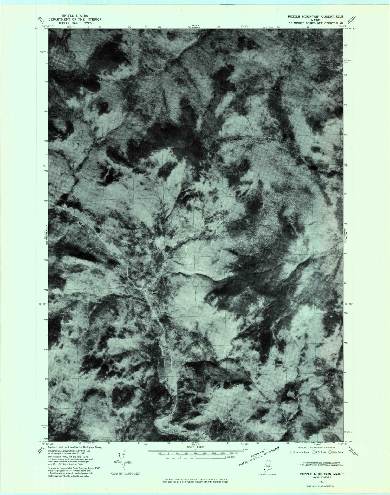 Classic USGS Puzzle Mountain Maine 7.5'x7.5' Topo Map Image