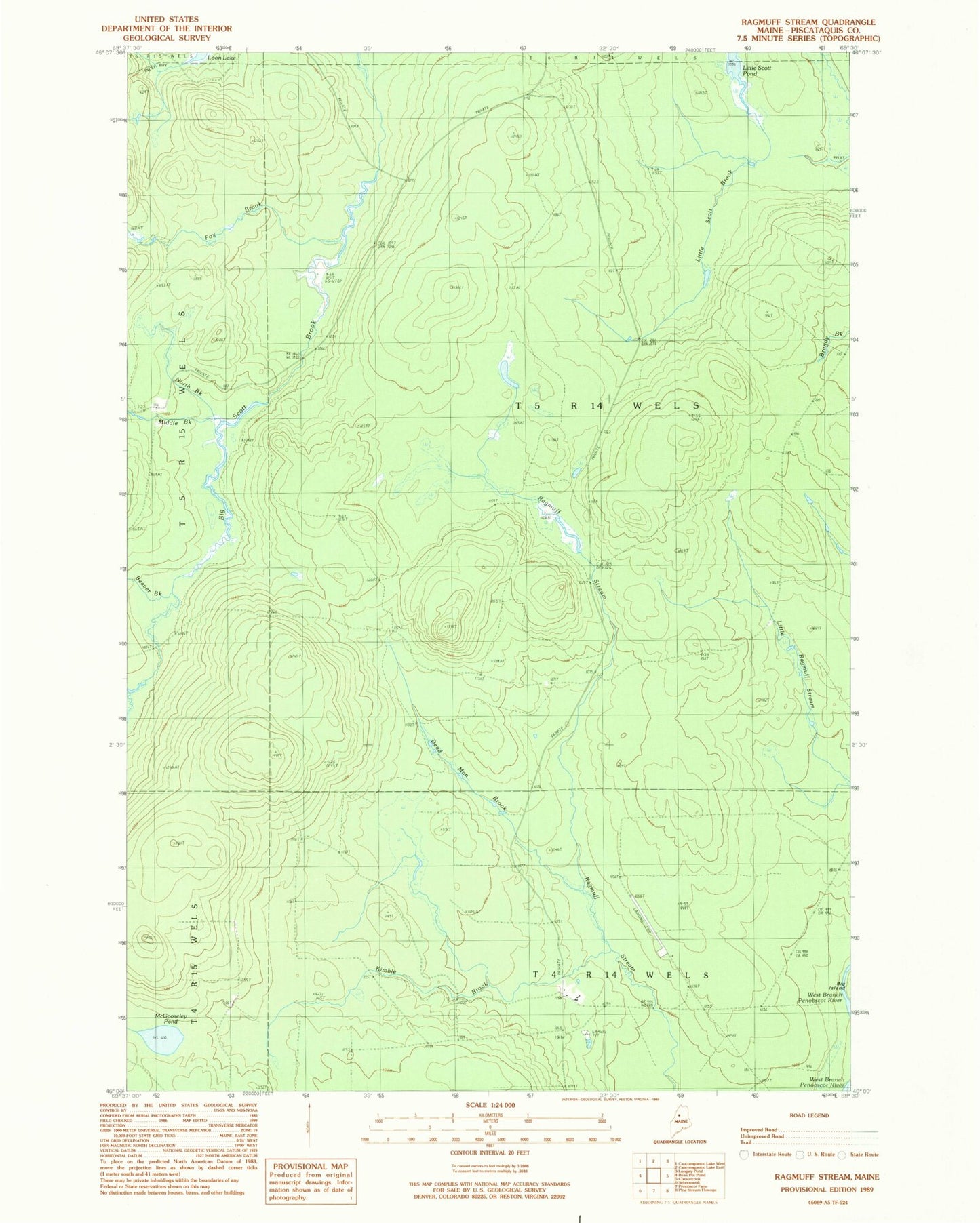 Classic USGS Ragmuff Stream Maine 7.5'x7.5' Topo Map Image