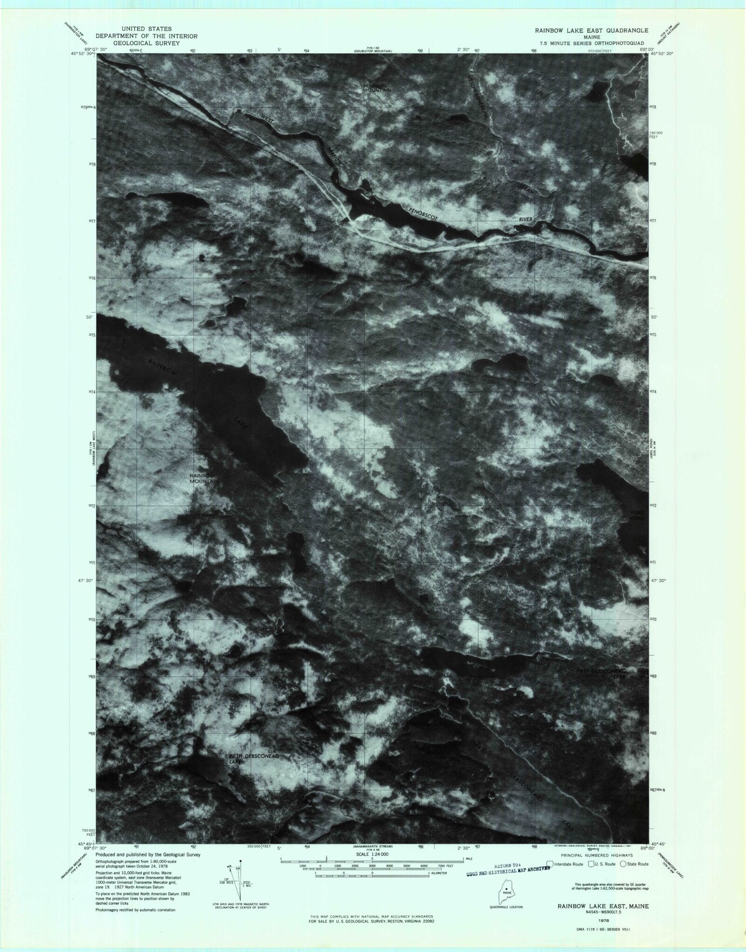 Classic USGS Rainbow Lake East Maine 7.5'x7.5' Topo Map Image