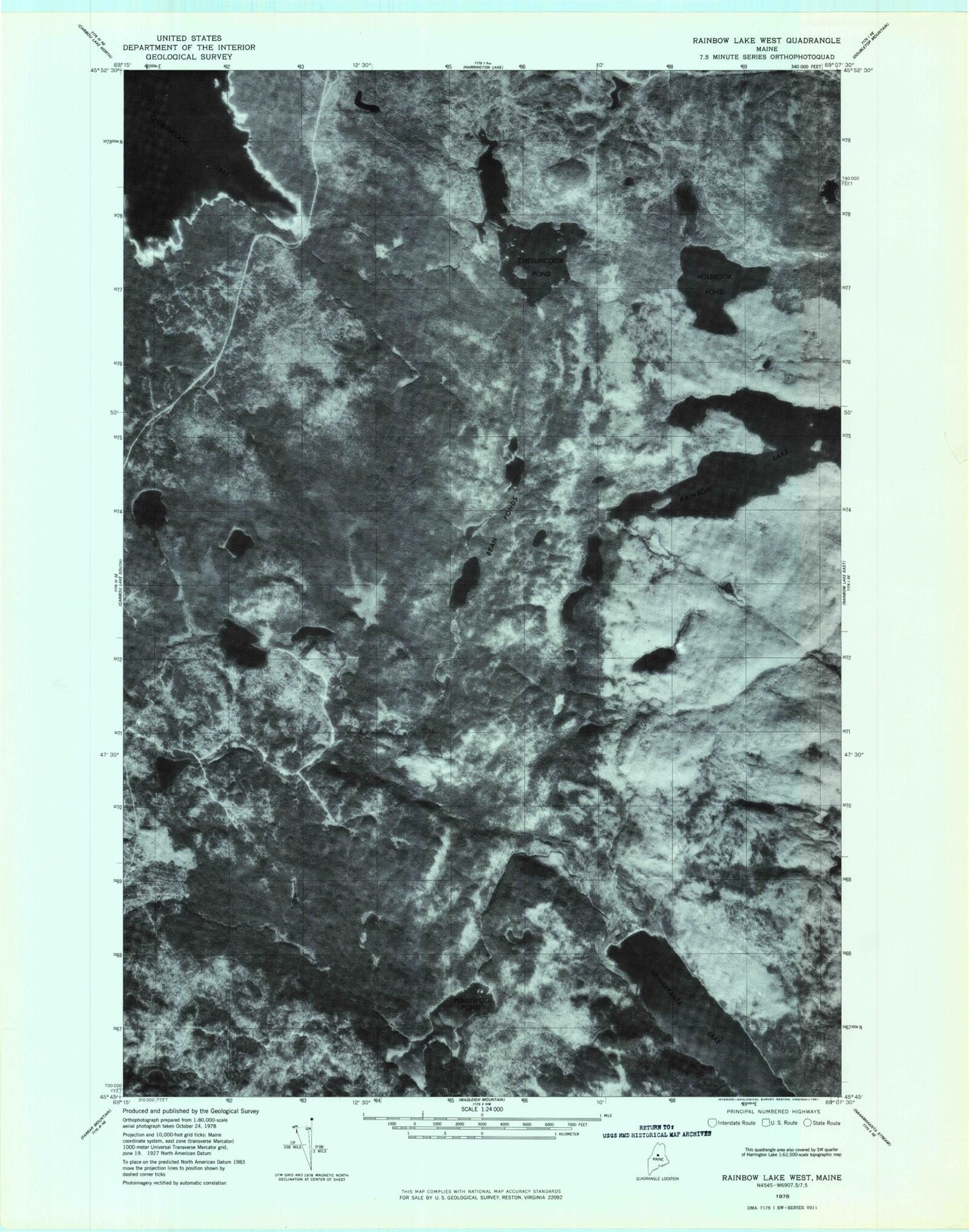 Classic USGS Rainbow Lake West Maine 7.5'x7.5' Topo Map Image
