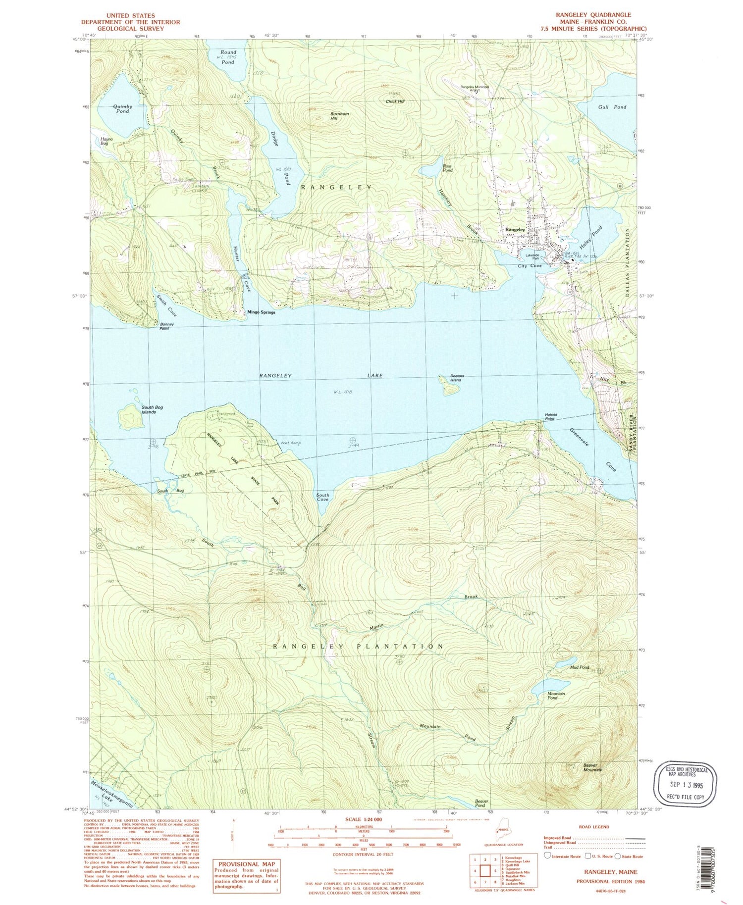 Classic USGS Rangeley Maine 7.5'x7.5' Topo Map Image