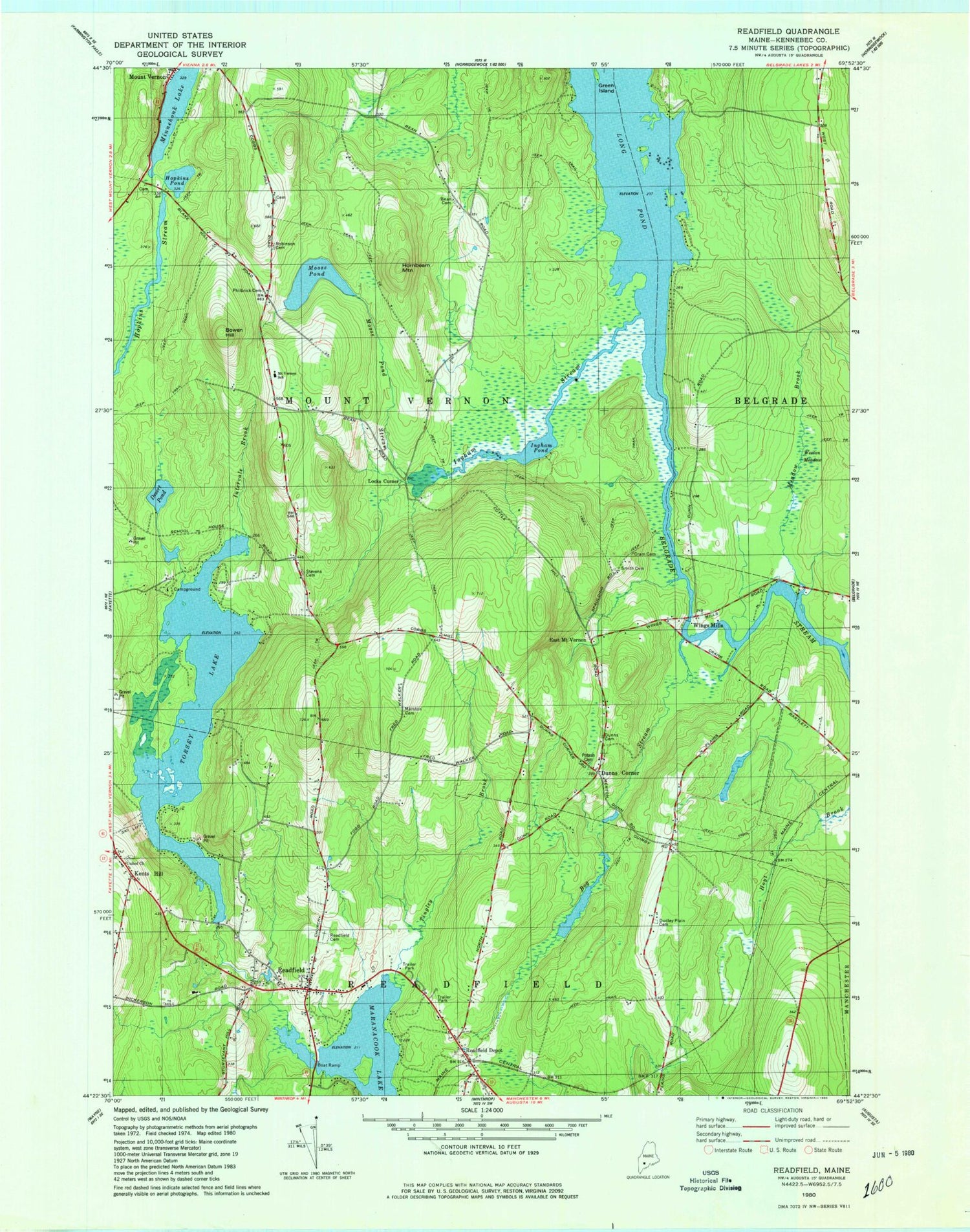 Classic USGS Readfield Maine 7.5'x7.5' Topo Map Image
