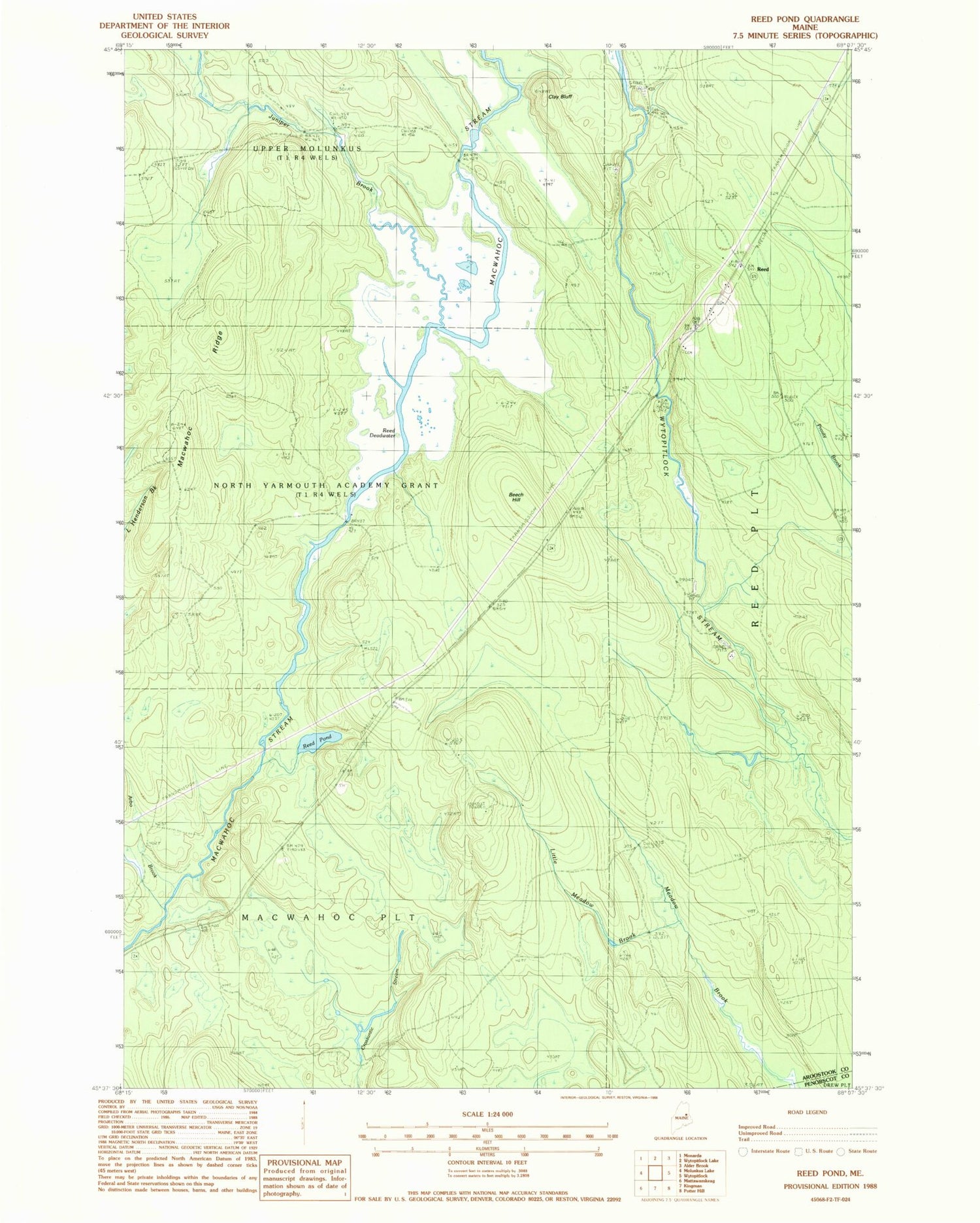 Classic USGS Reed Pond Maine 7.5'x7.5' Topo Map Image