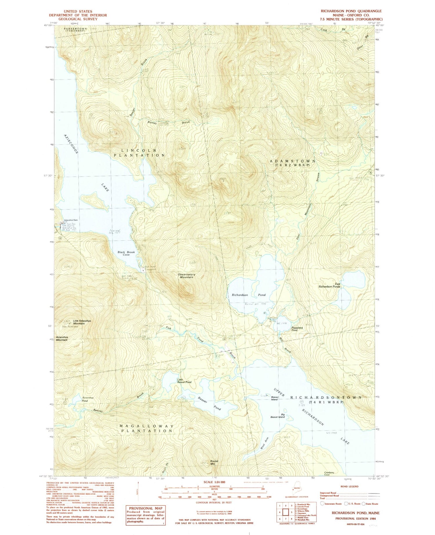 Classic USGS Richardson Pond Maine 7.5'x7.5' Topo Map Image
