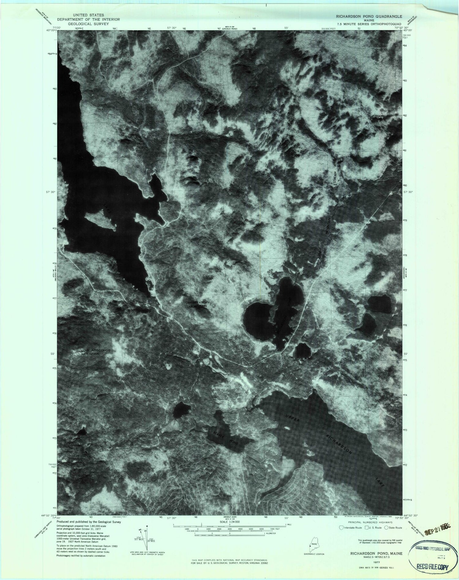 Classic USGS Richardson Pond Maine 7.5'x7.5' Topo Map Image