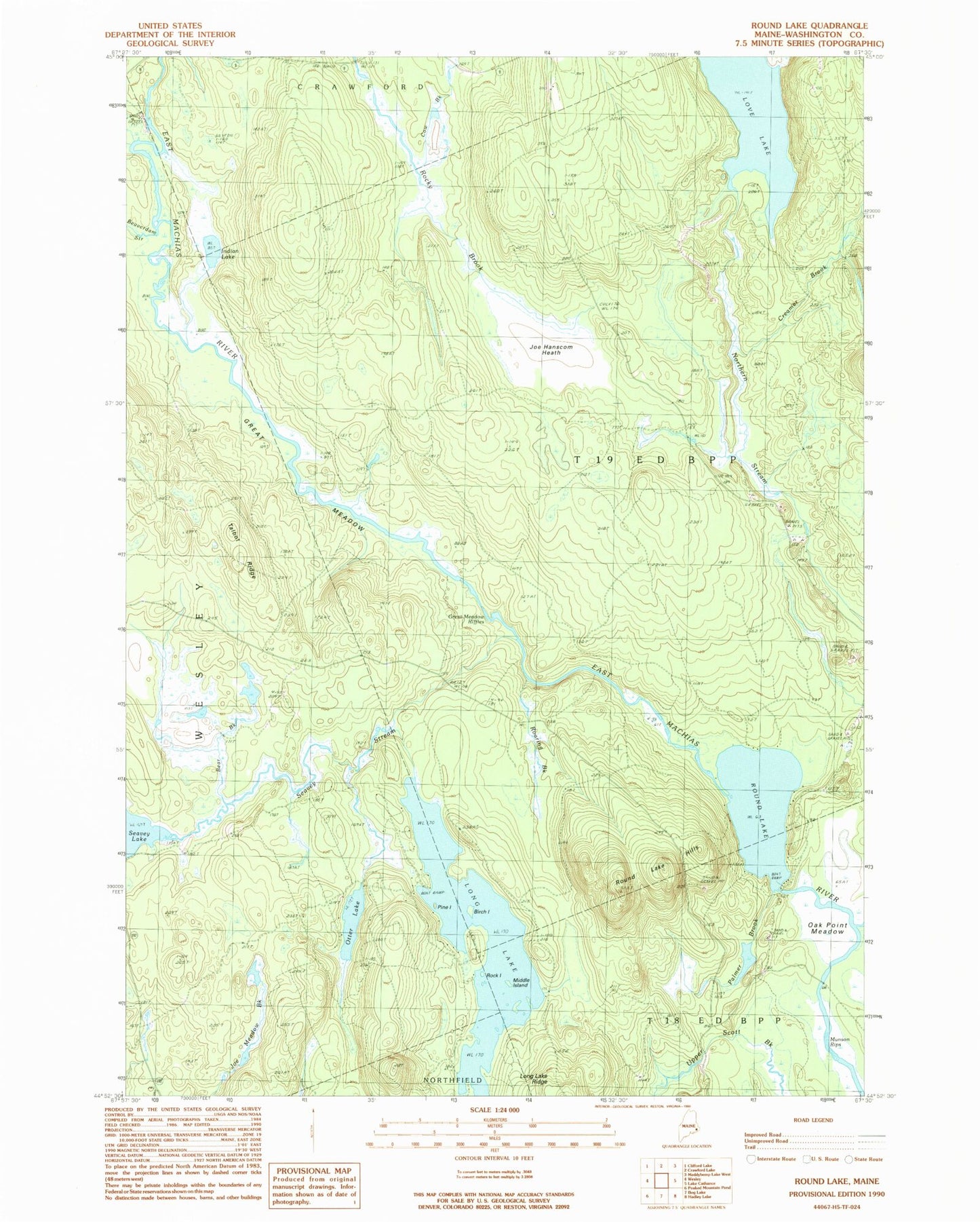 Classic USGS Round Lake Maine 7.5'x7.5' Topo Map Image