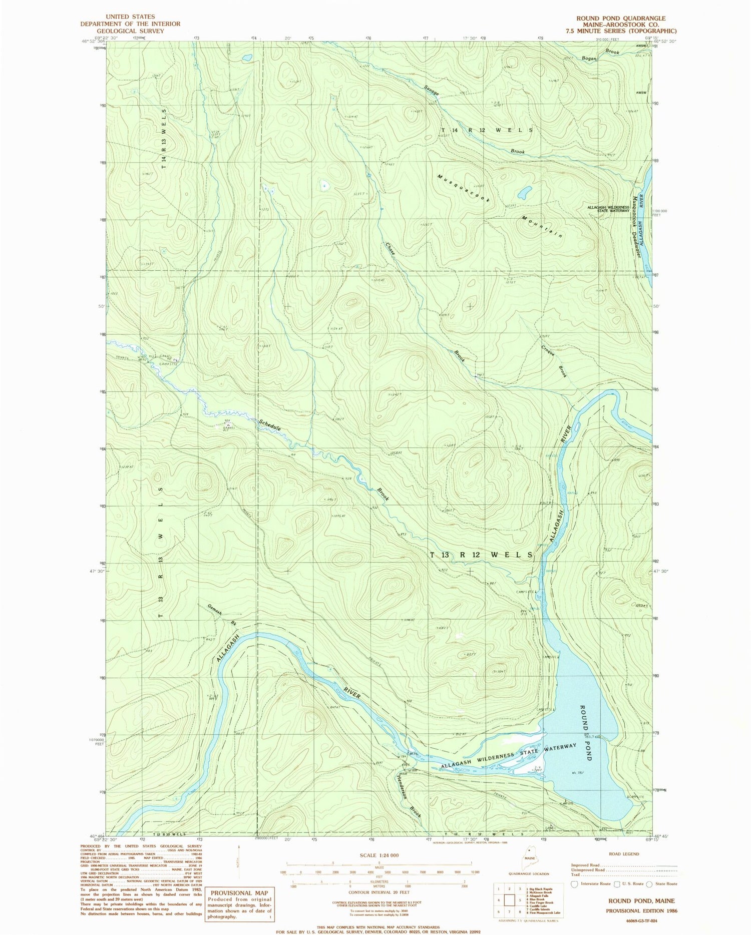 Classic USGS Round Pond Maine 7.5'x7.5' Topo Map Image