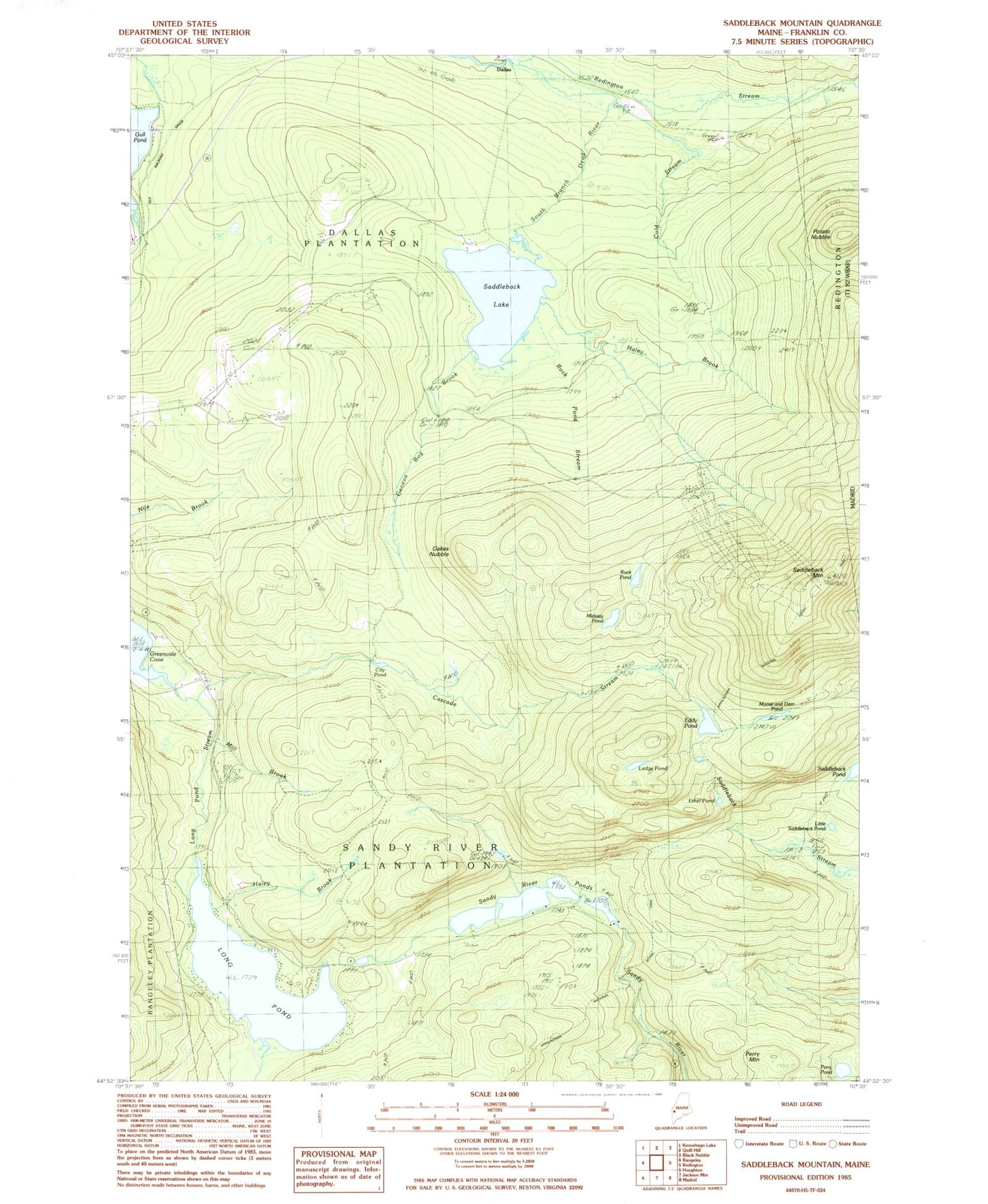 Classic USGS Saddleback Mountain Maine 7.5'x7.5' Topo Map Image