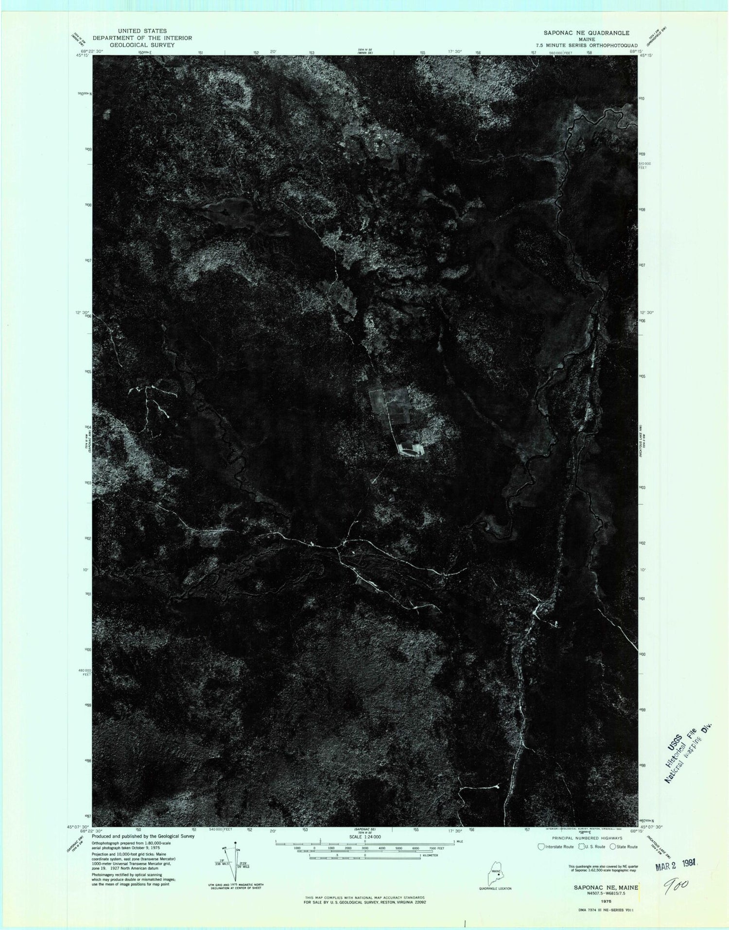 Classic USGS Saponac Maine 7.5'x7.5' Topo Map Image