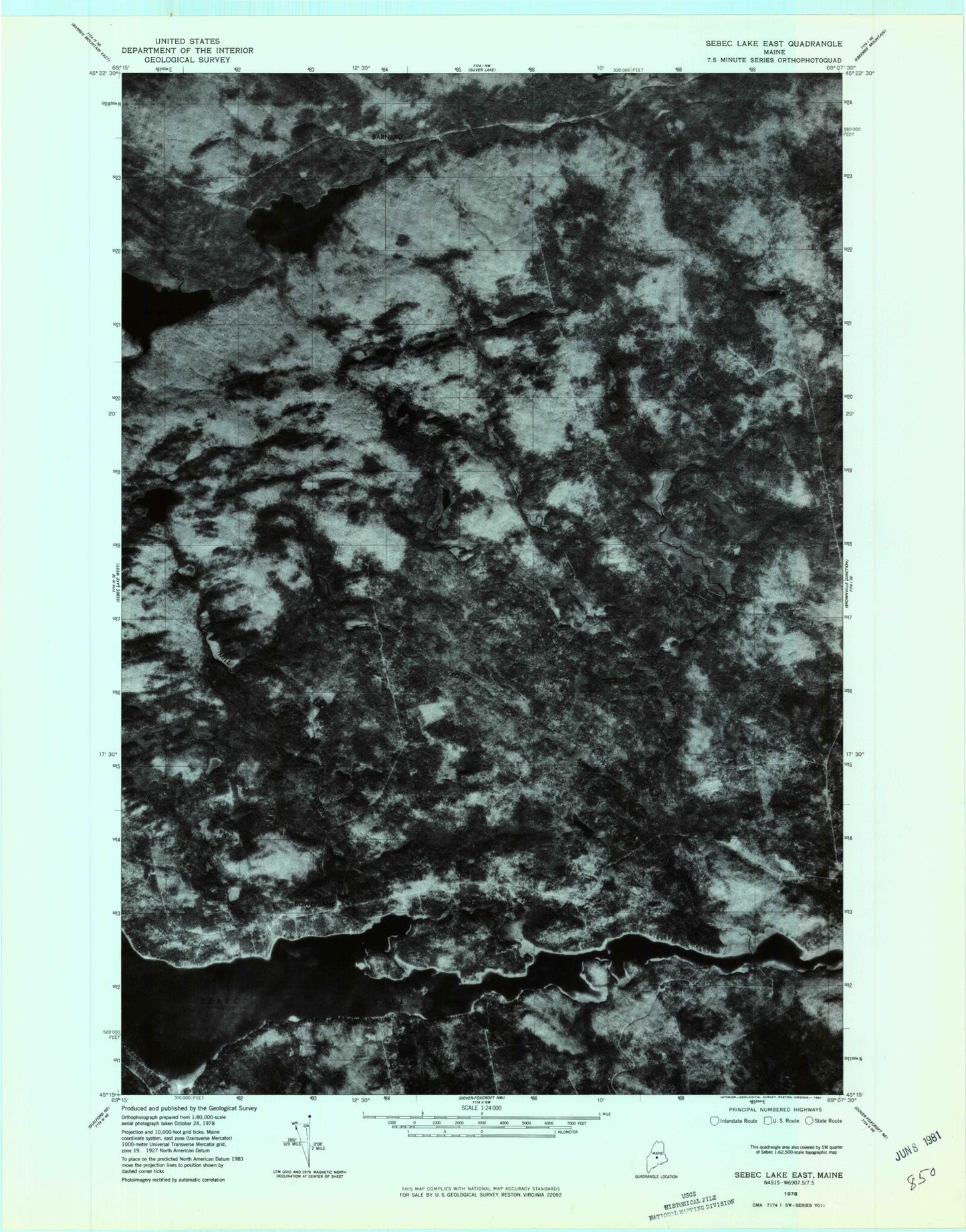 Classic USGS Sebec Lake East Maine 7.5'x7.5' Topo Map Image