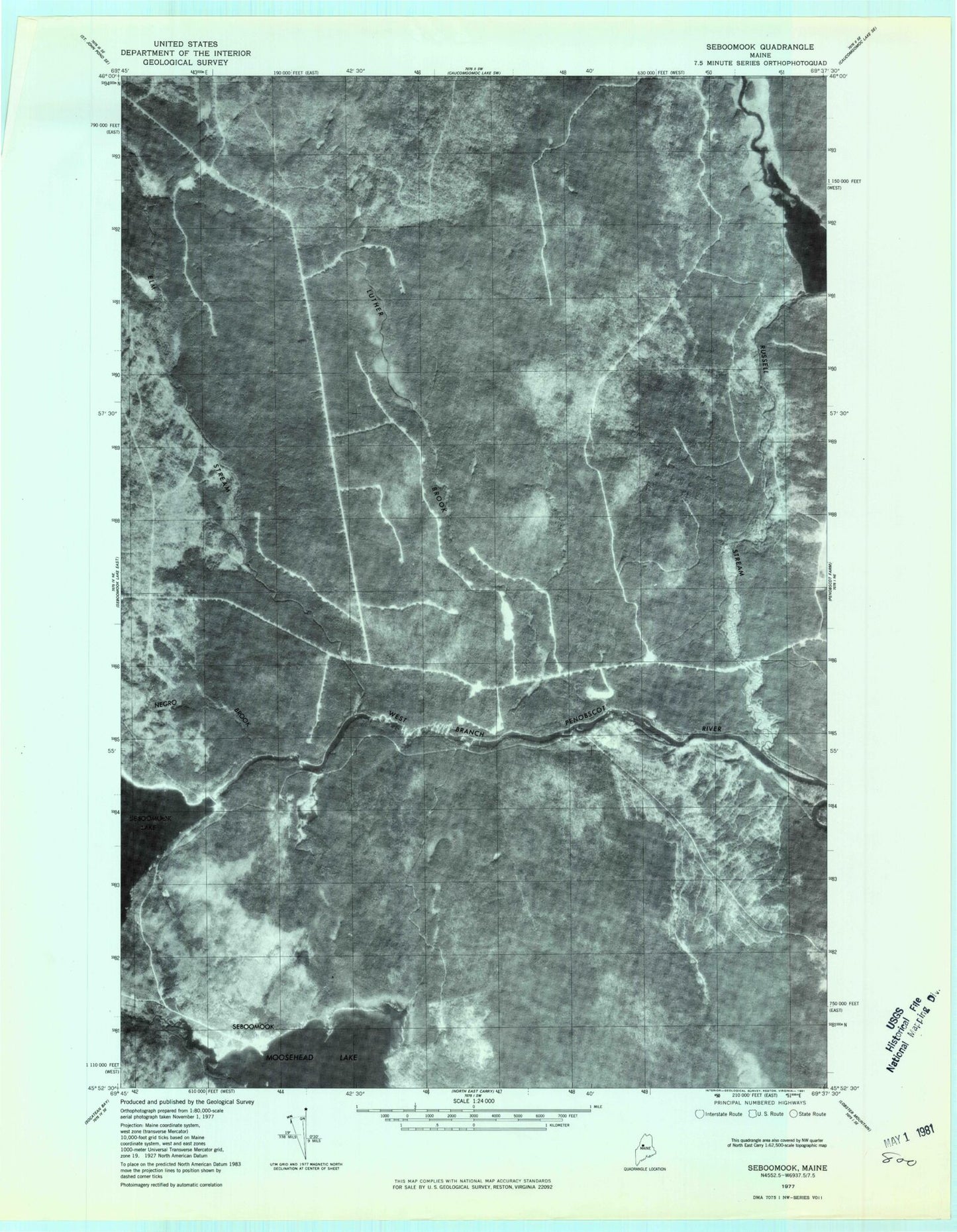 Classic USGS Seboomook Maine 7.5'x7.5' Topo Map Image