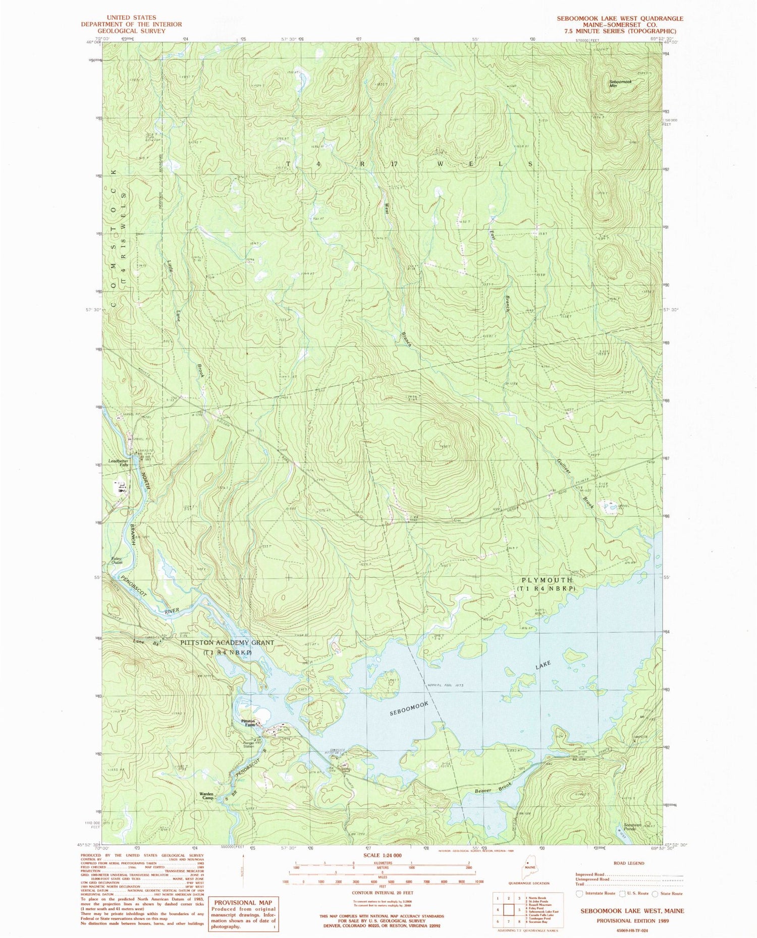 Classic USGS Seboomook Lake West Maine 7.5'x7.5' Topo Map Image