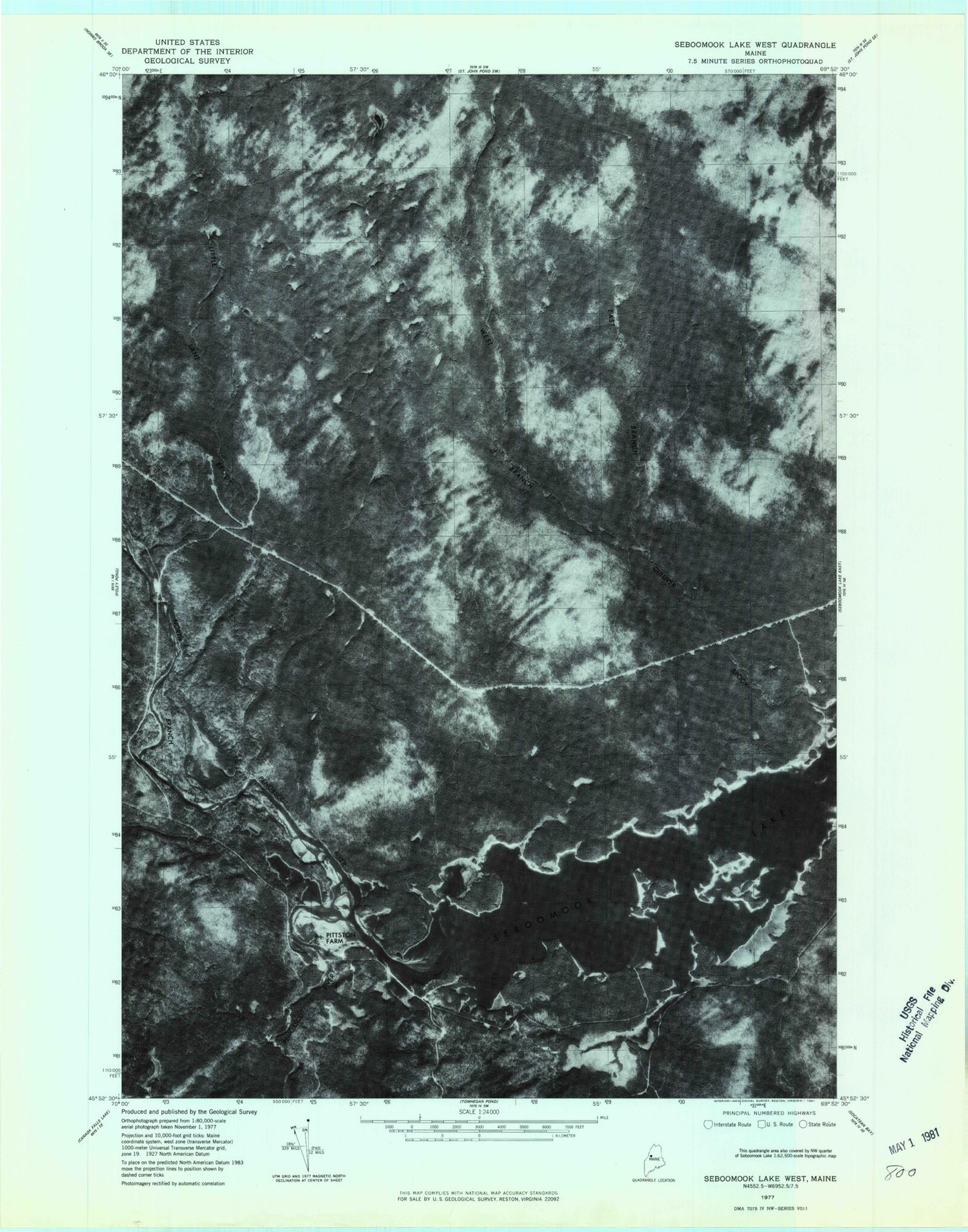Classic USGS Seboomook Lake West Maine 7.5'x7.5' Topo Map Image