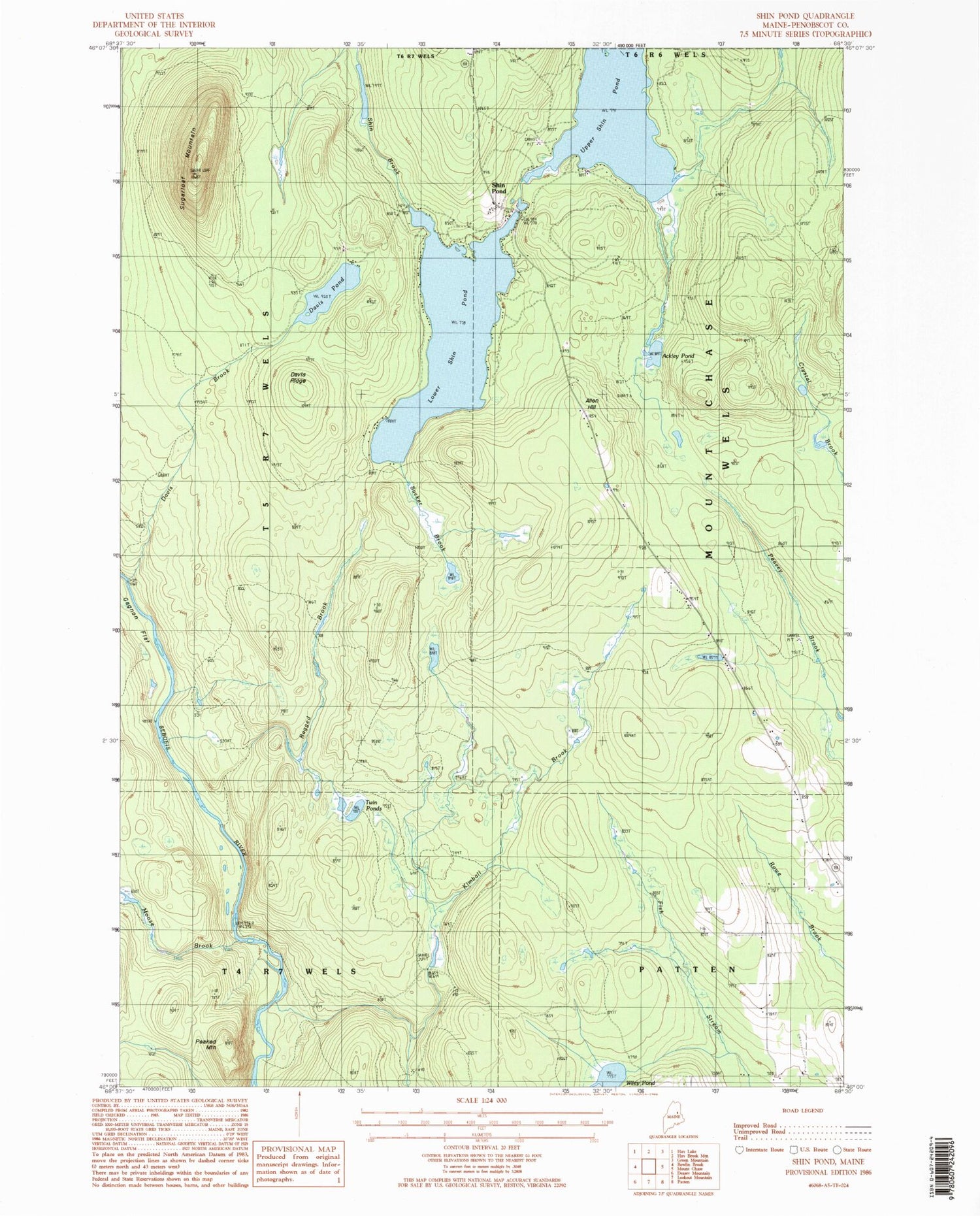 Classic USGS Shin Pond Maine 7.5'x7.5' Topo Map Image