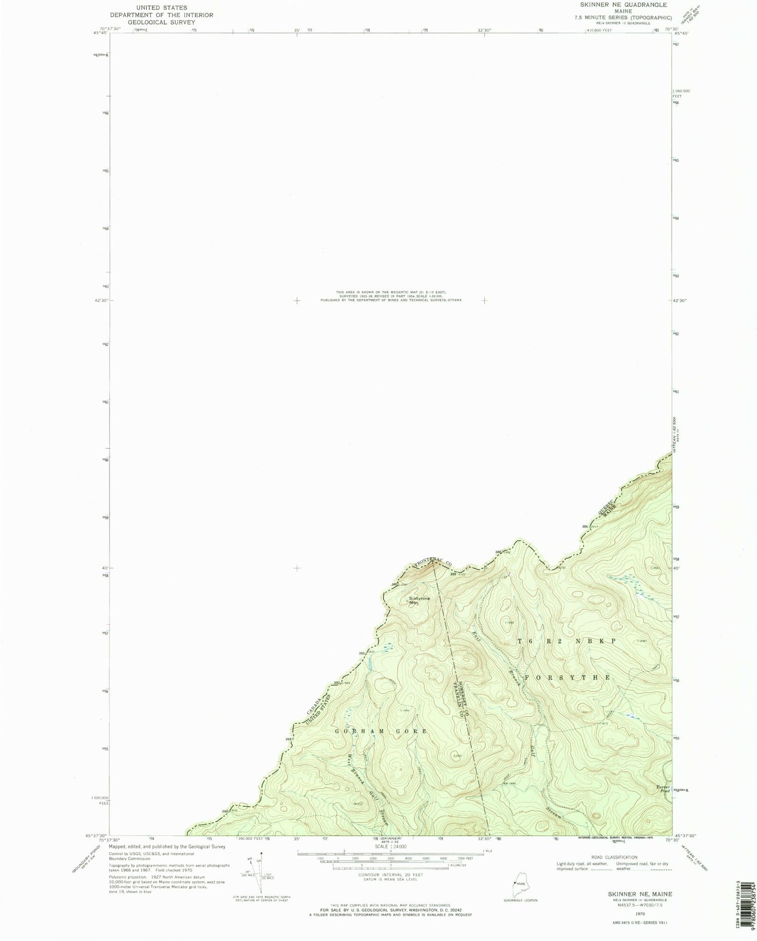 Classic USGS Skinner NE Maine 7.5'x7.5' Topo Map Image