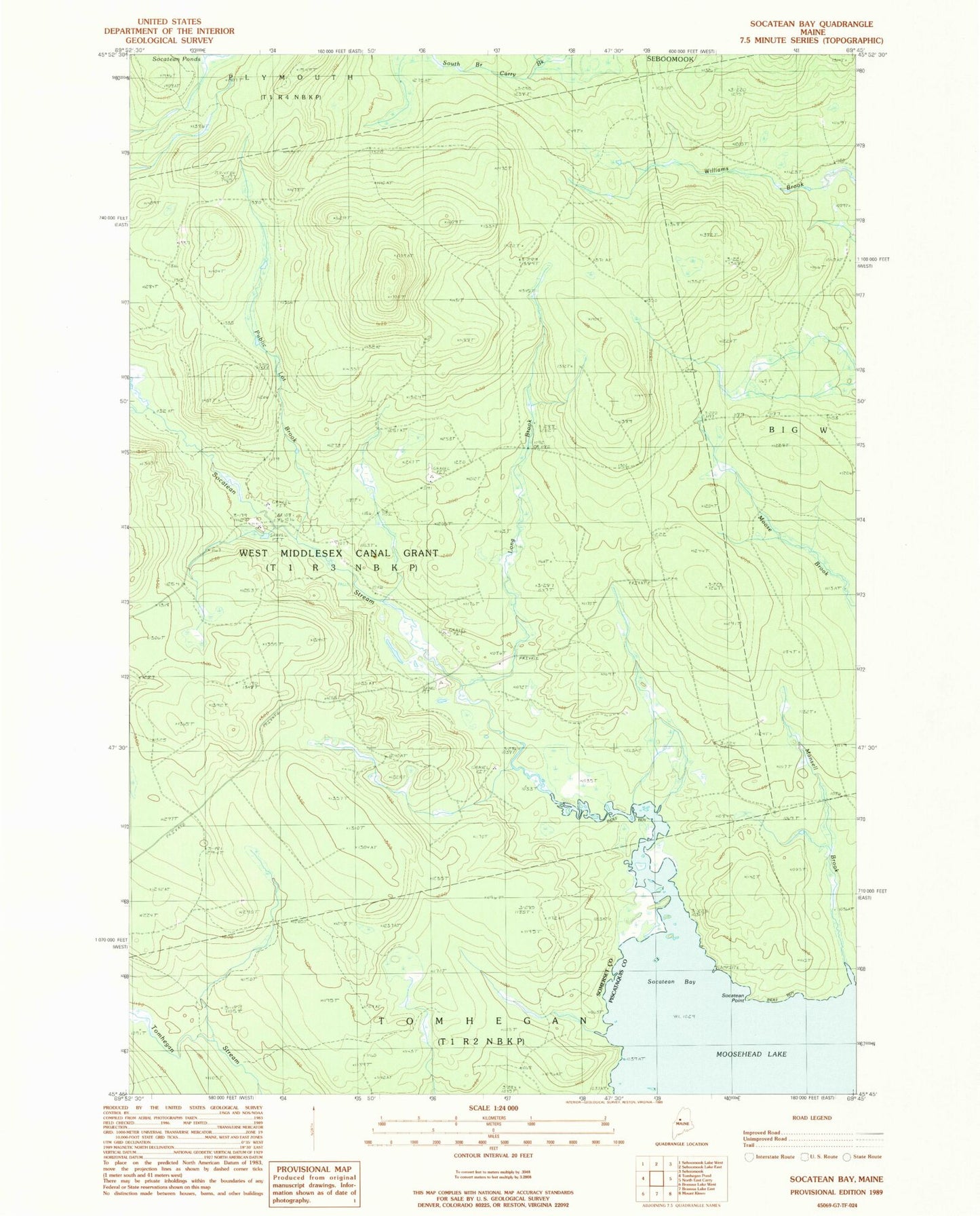 Classic USGS Socatean Bay Maine 7.5'x7.5' Topo Map Image