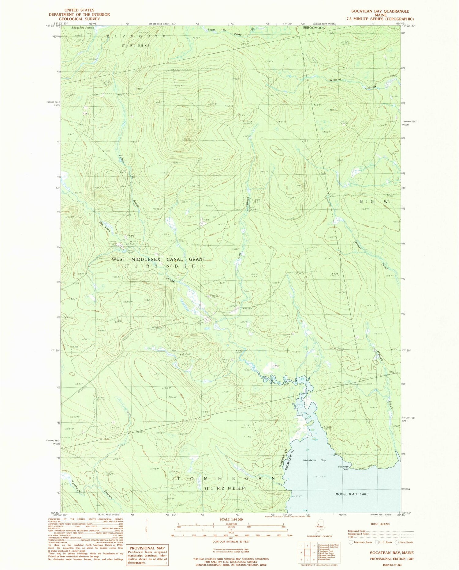 Classic USGS Socatean Bay Maine 7.5'x7.5' Topo Map Image