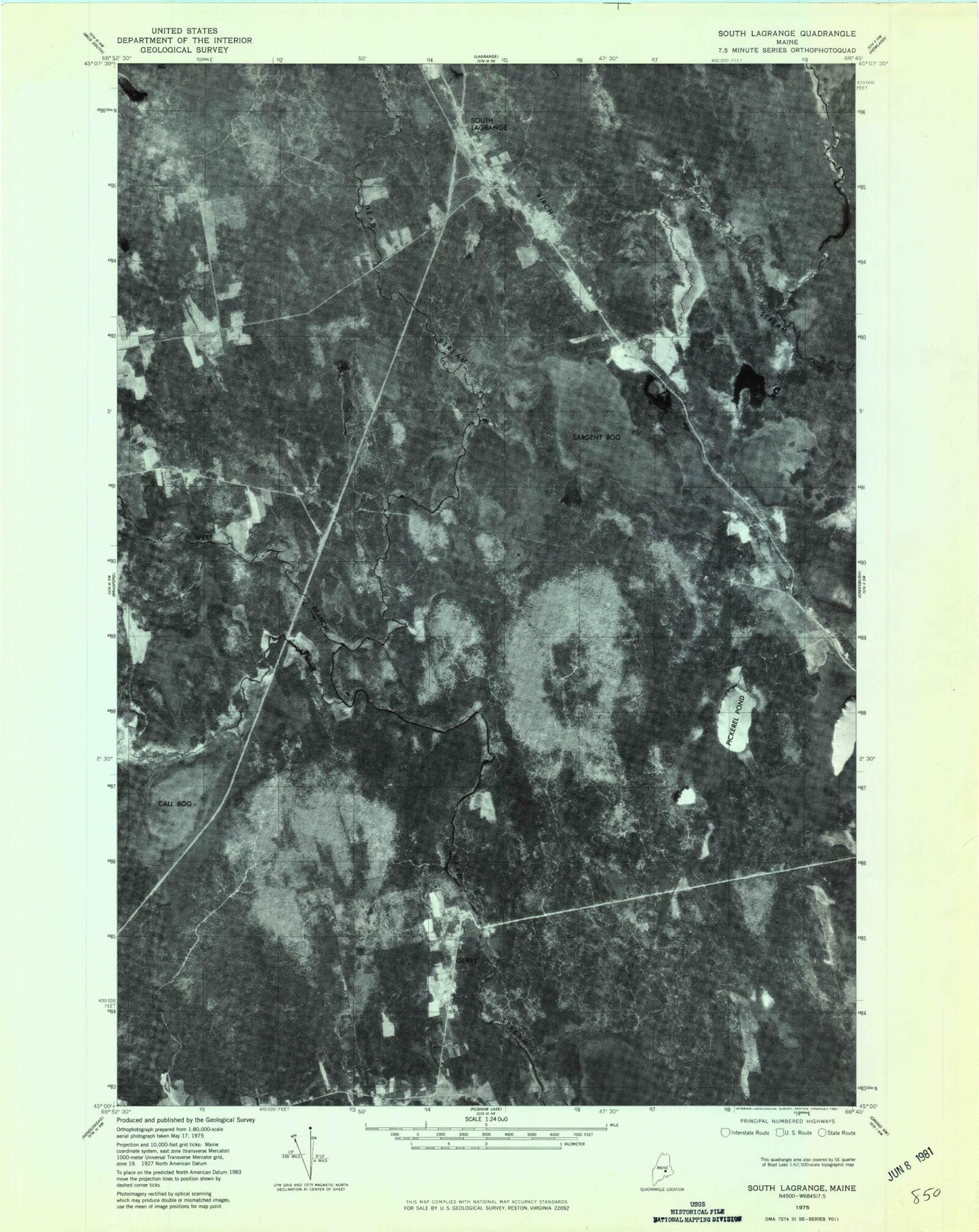Classic USGS South Lagrange Maine 7.5'x7.5' Topo Map Image