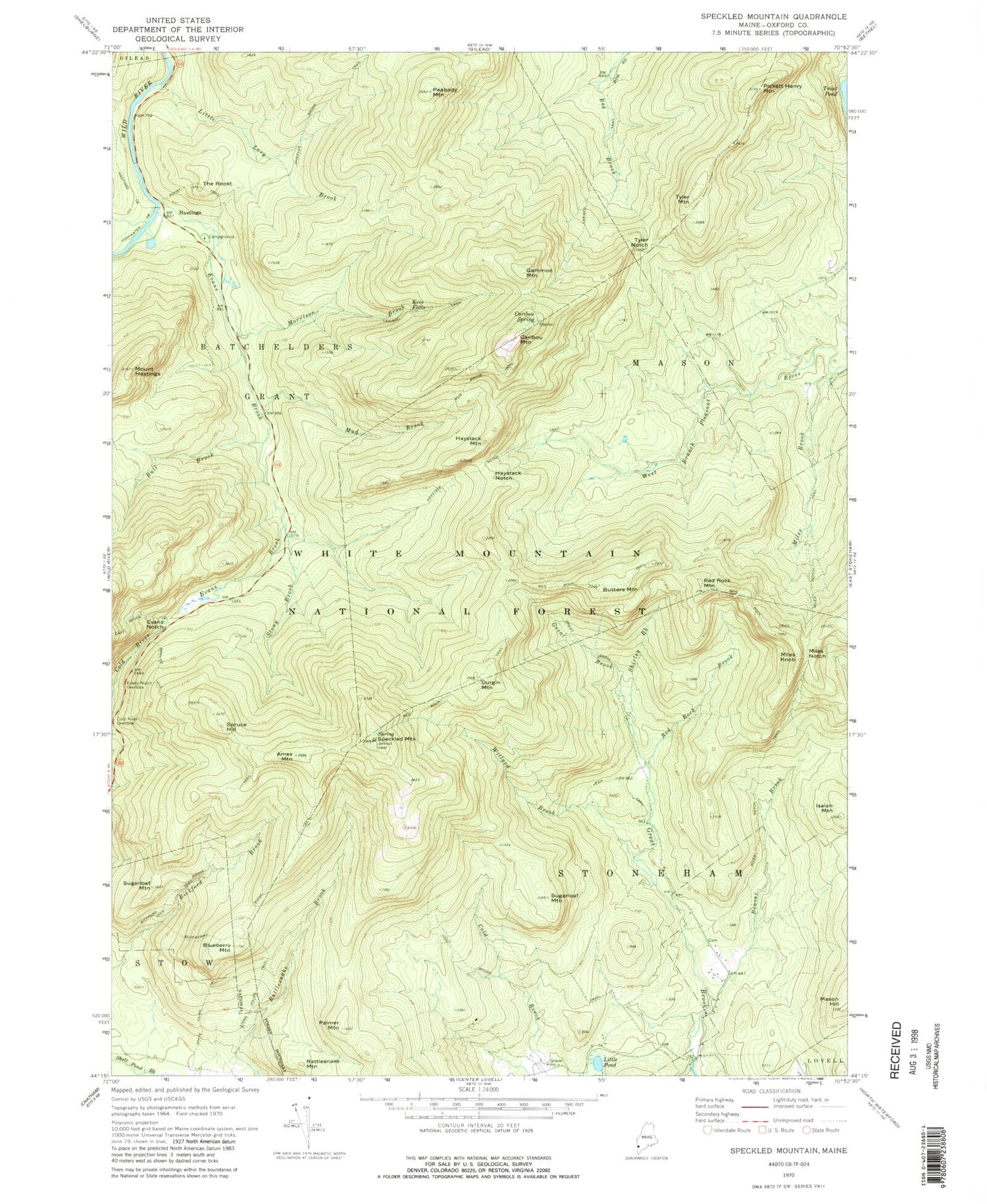 Classic USGS Speckled Mountain Maine 7.5'x7.5' Topo Map Image