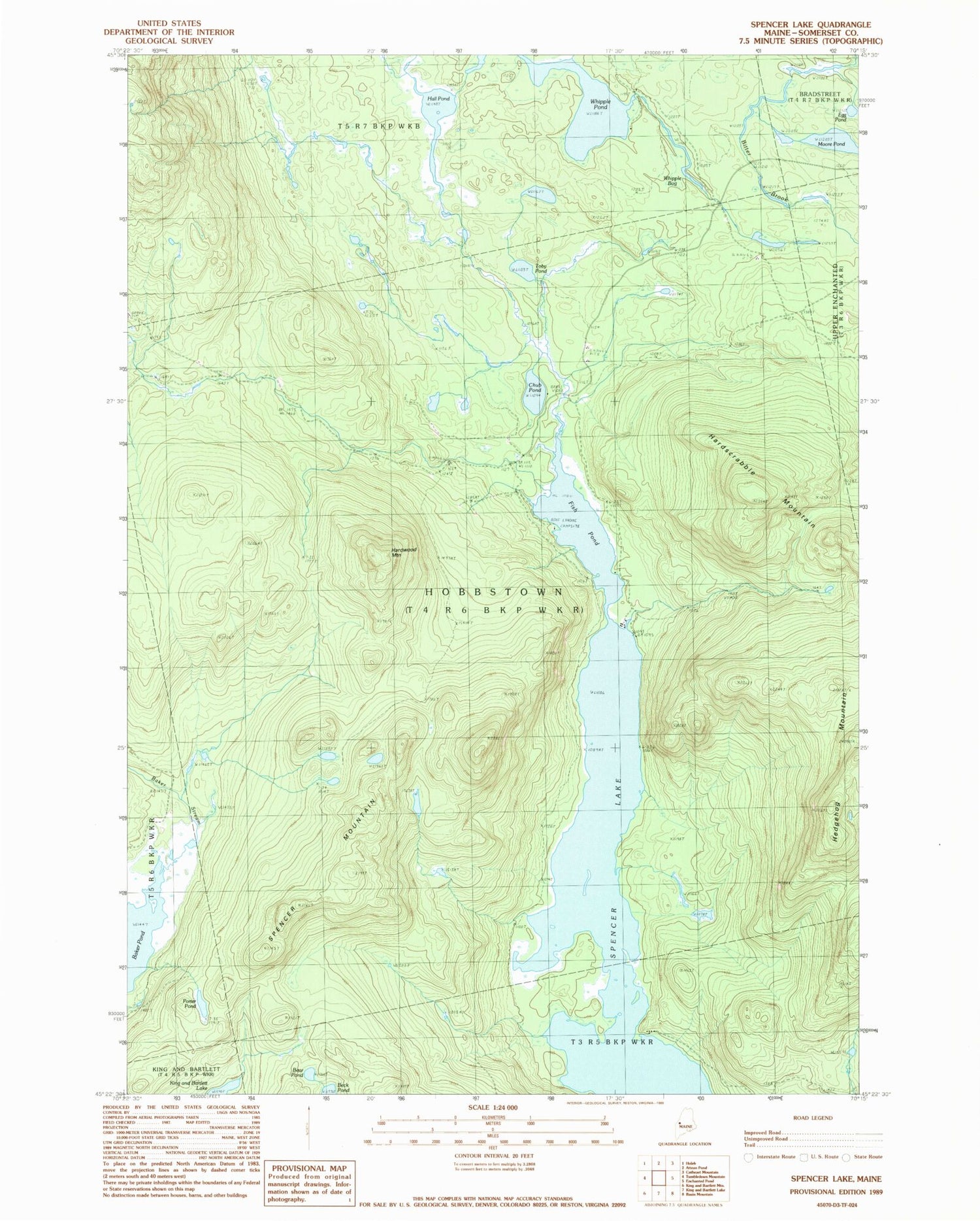 Classic USGS Spencer Lake Maine 7.5'x7.5' Topo Map Image